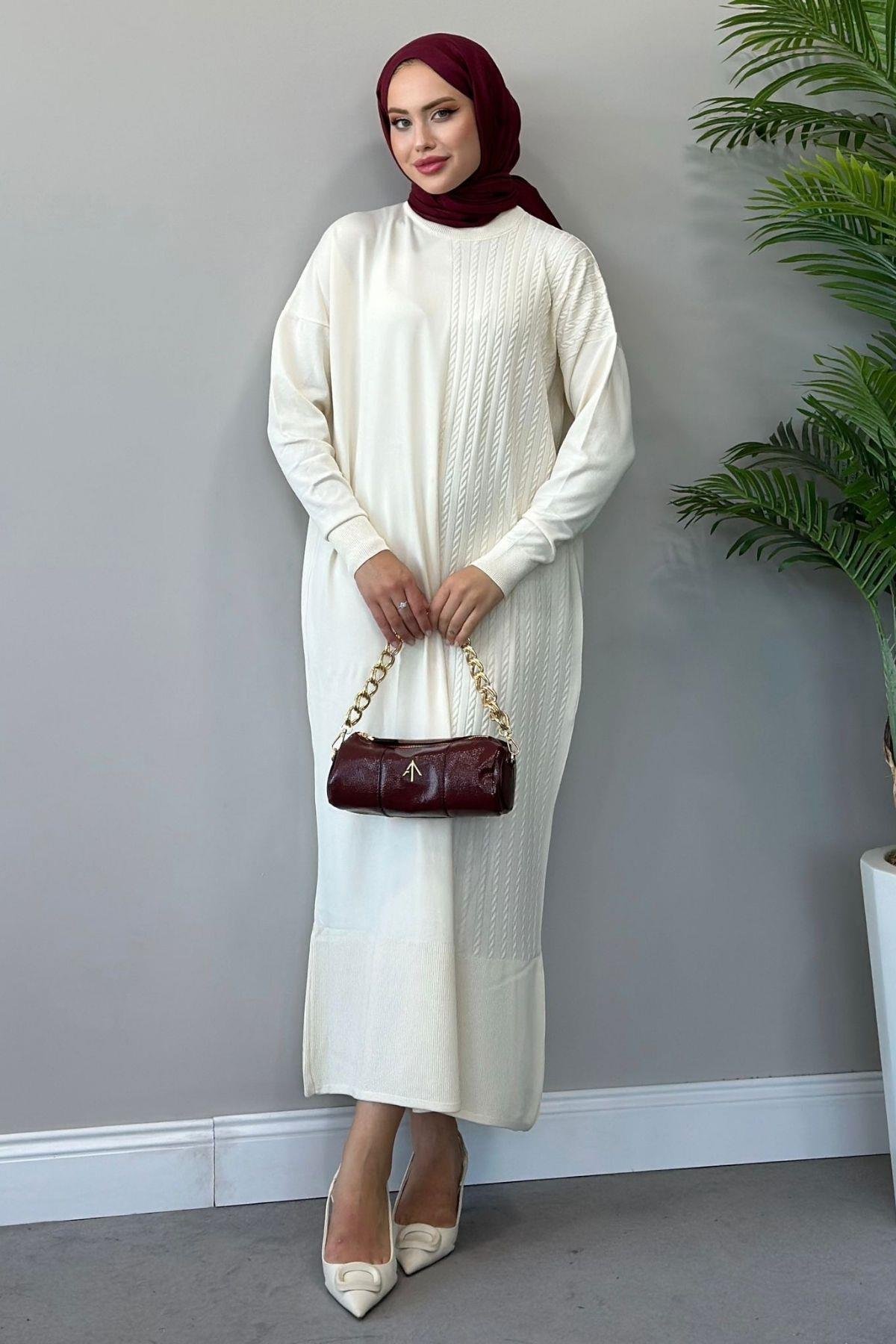 Yanı Örgü Desen Elbise Ekru, Fiyatları 