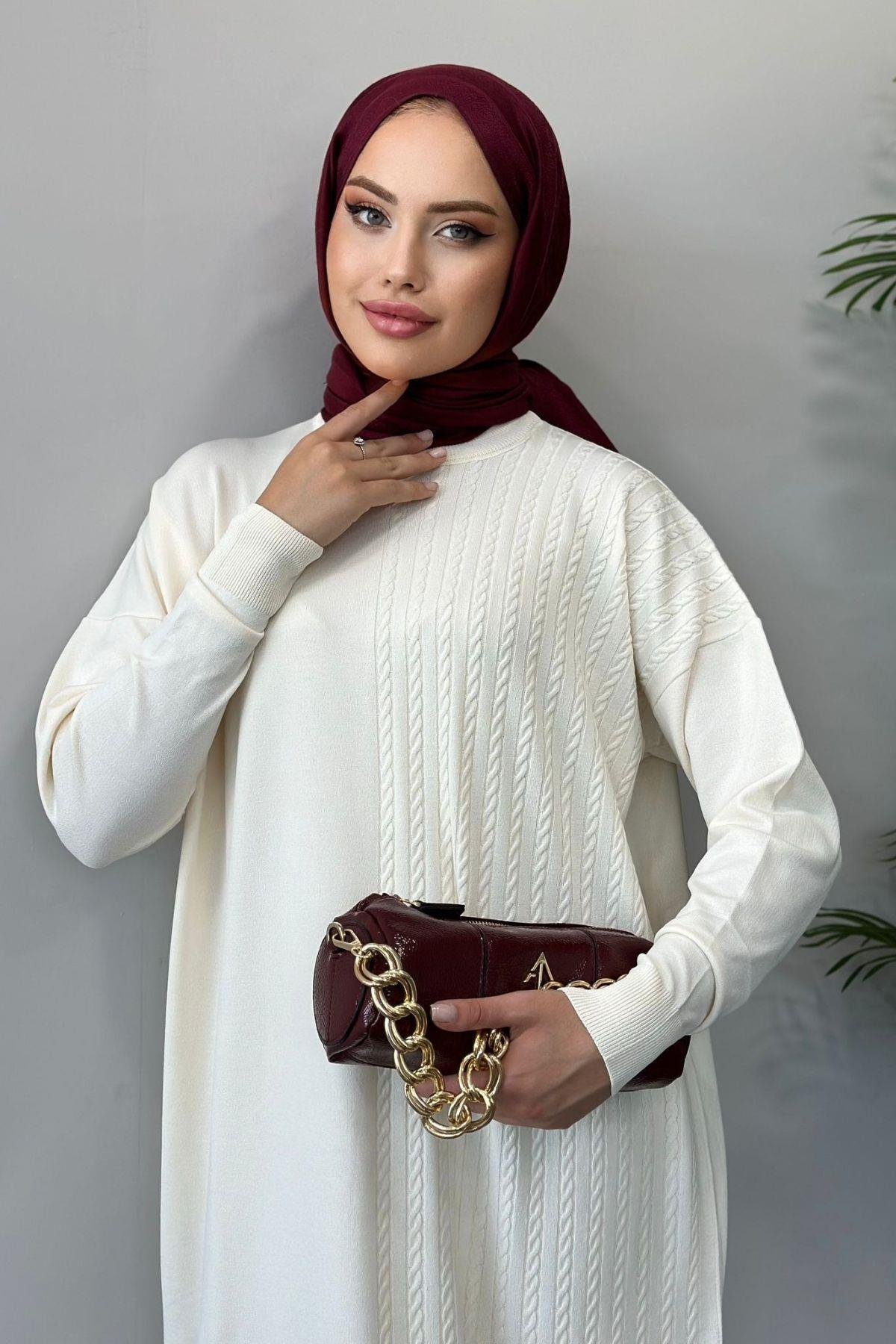 Yanı Örgü Desen Elbise Ekru, Fiyatları 