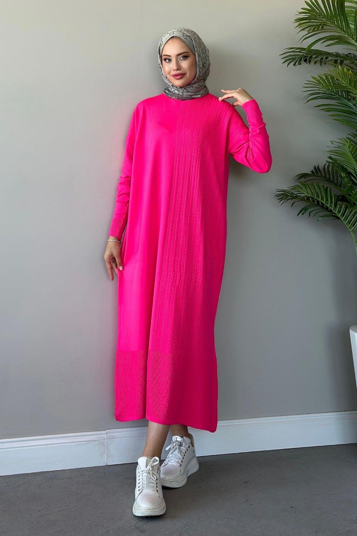 Yanı Örgü Desen Elbise Fuşya, Fiyatları 