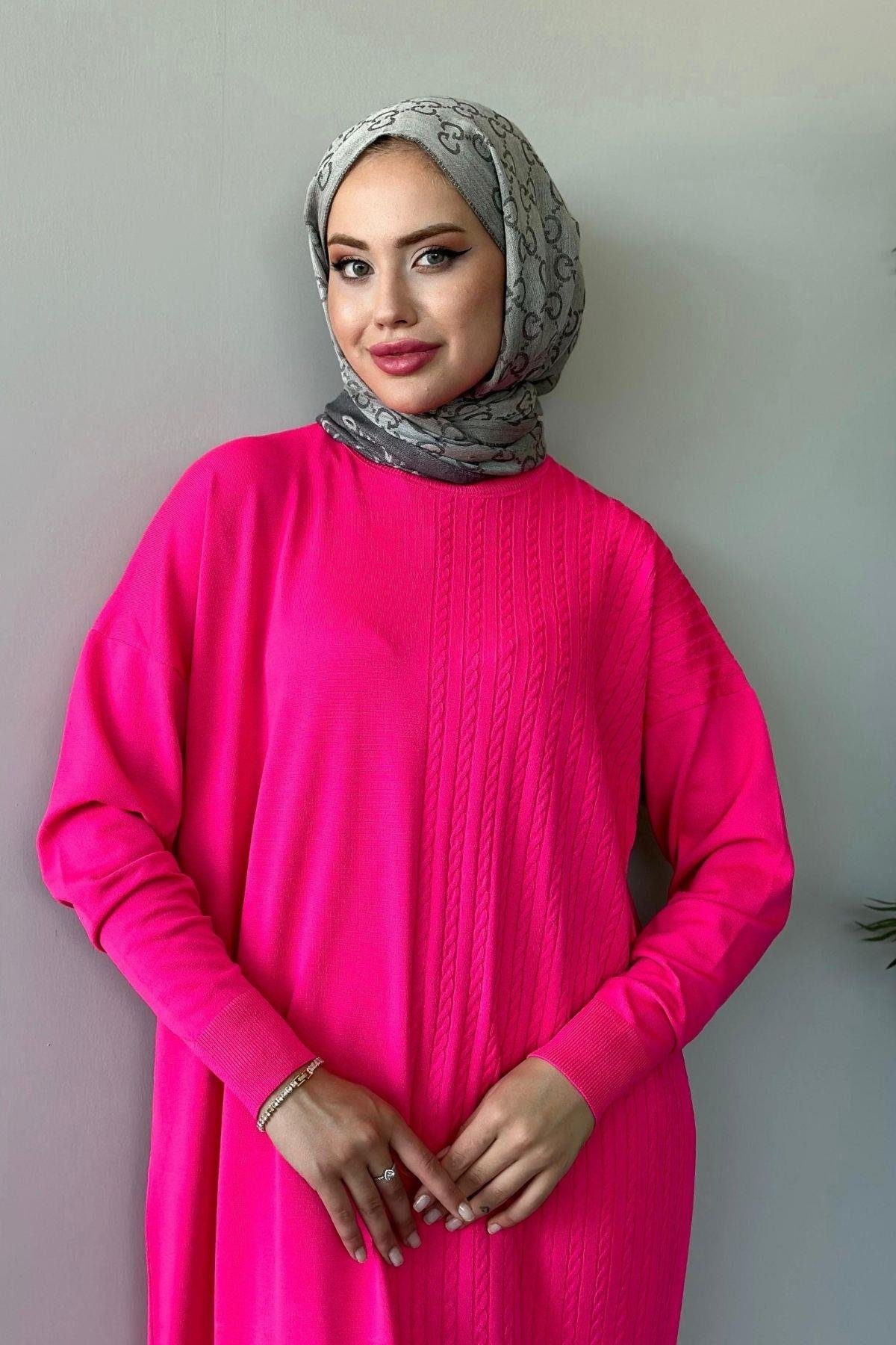 Yanı Örgü Desen Elbise Fuşya, Fiyatları 