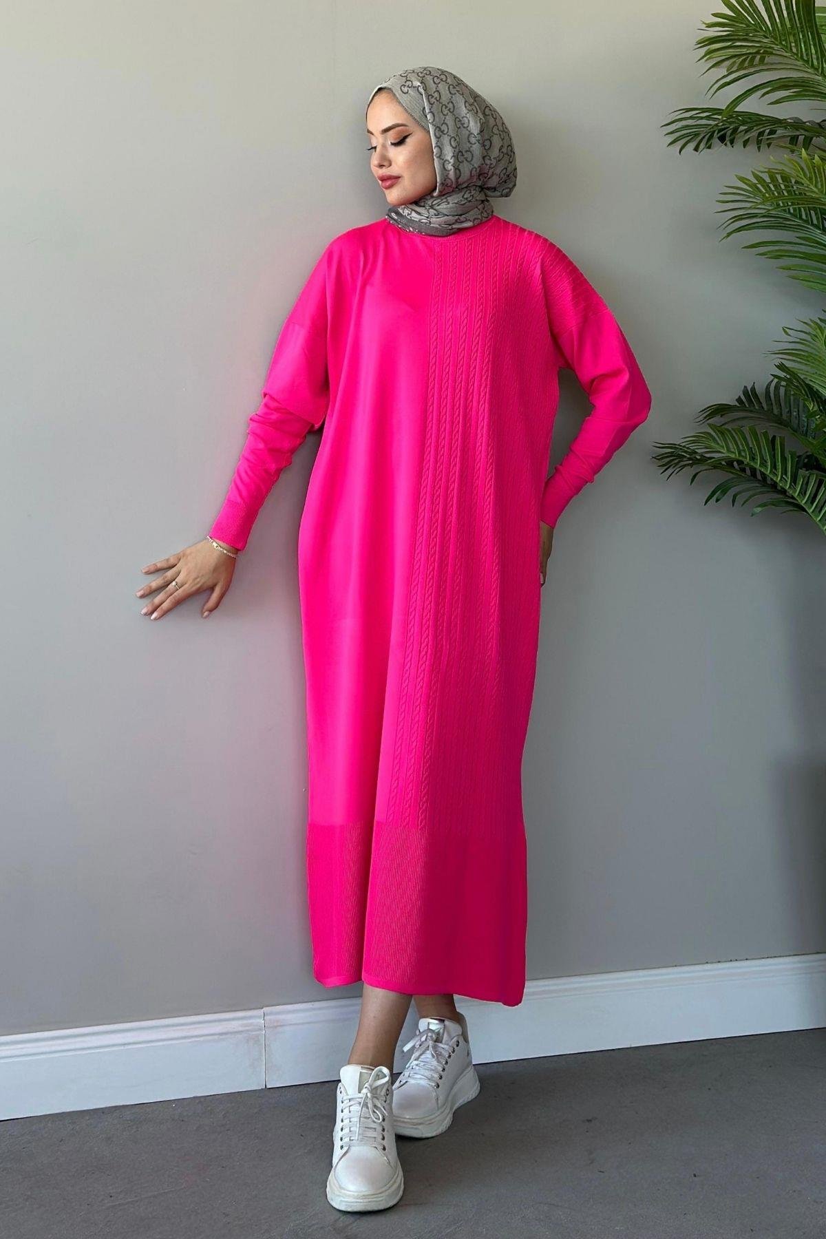 Yanı Örgü Desen Elbise Fuşya, Fiyatları 