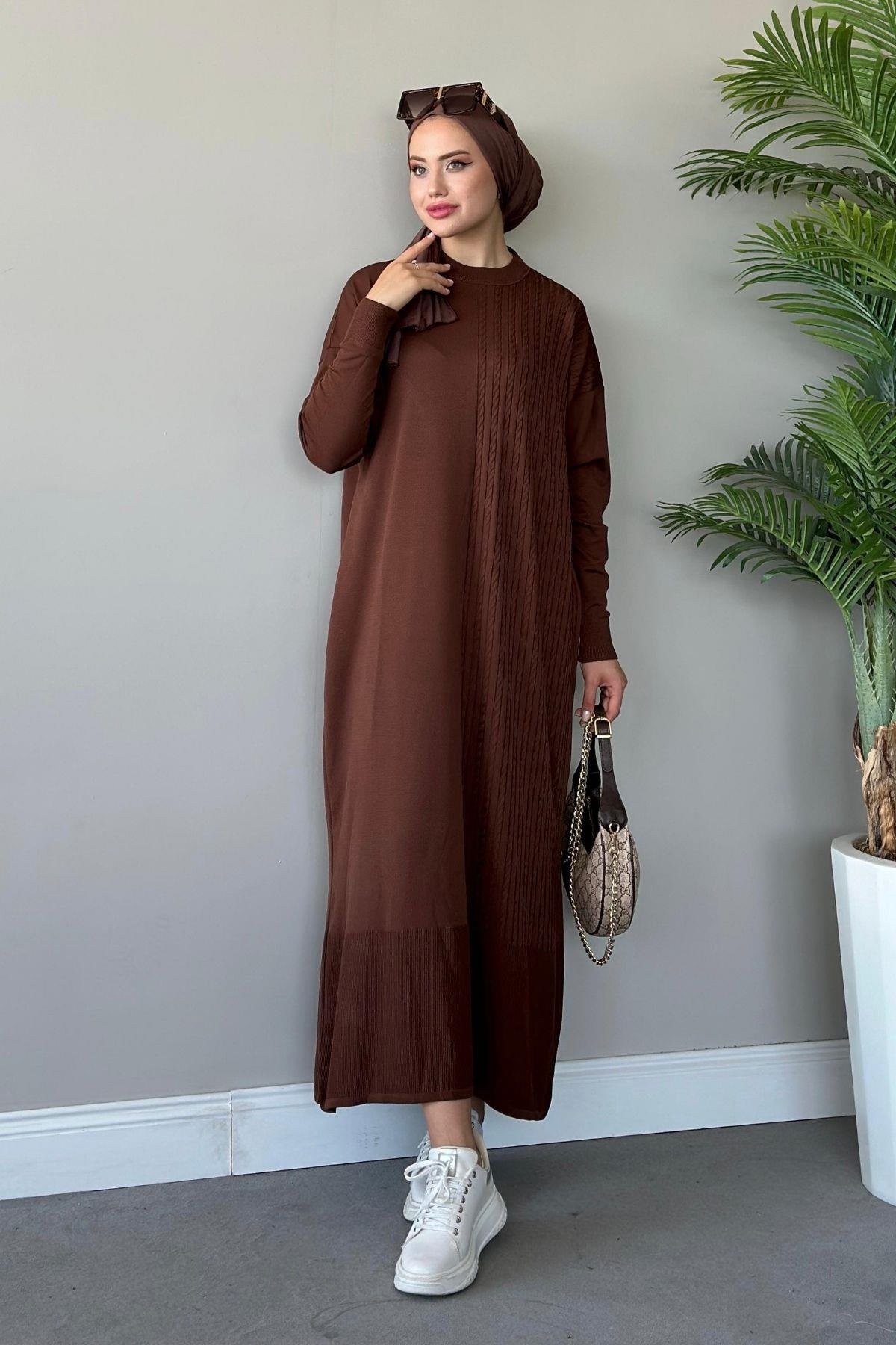 Yanı Örgü Desen Elbise Kahve, Fiyatları 