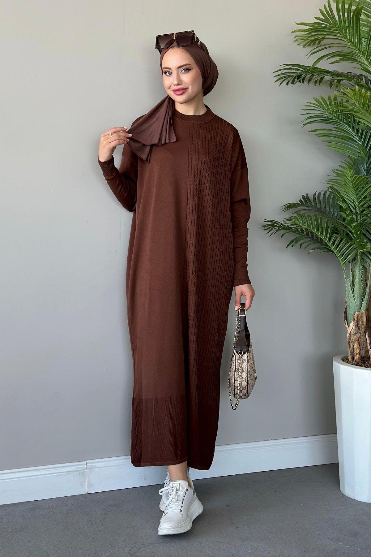 Yanı Örgü Desen Elbise Kahve, Fiyatları 