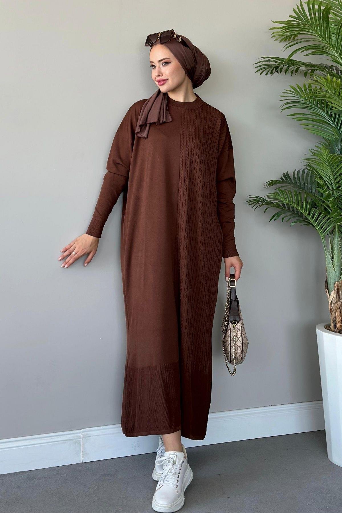 Yanı Örgü Desen Elbise Kahve, Fiyatları 