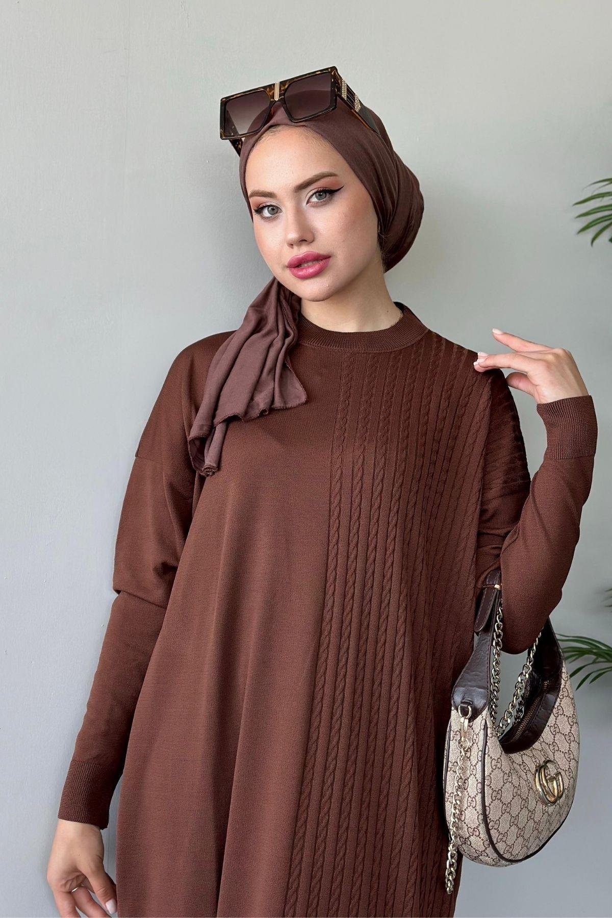 Yanı Örgü Desen Elbise Kahve, Fiyatları 