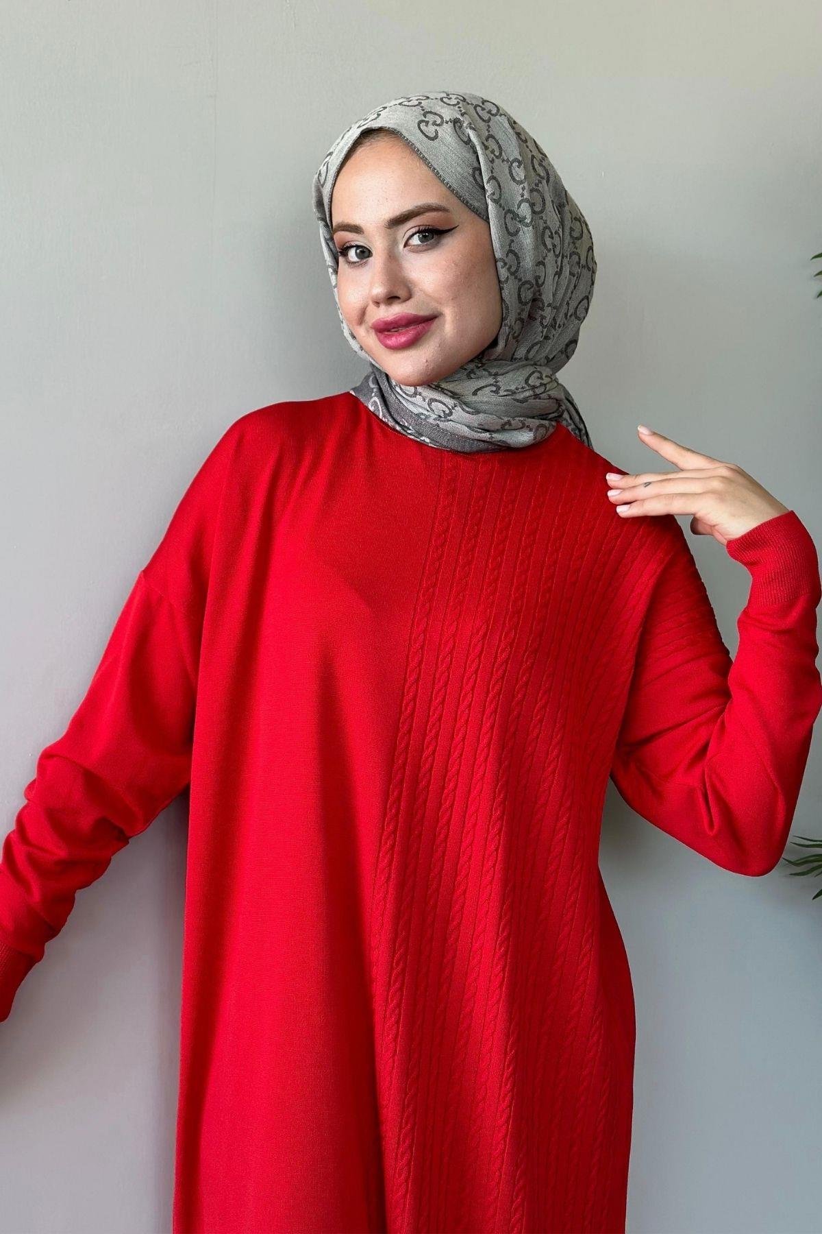 Yanı Örgü Desen Elbise Kırmızı, Fiyatları 