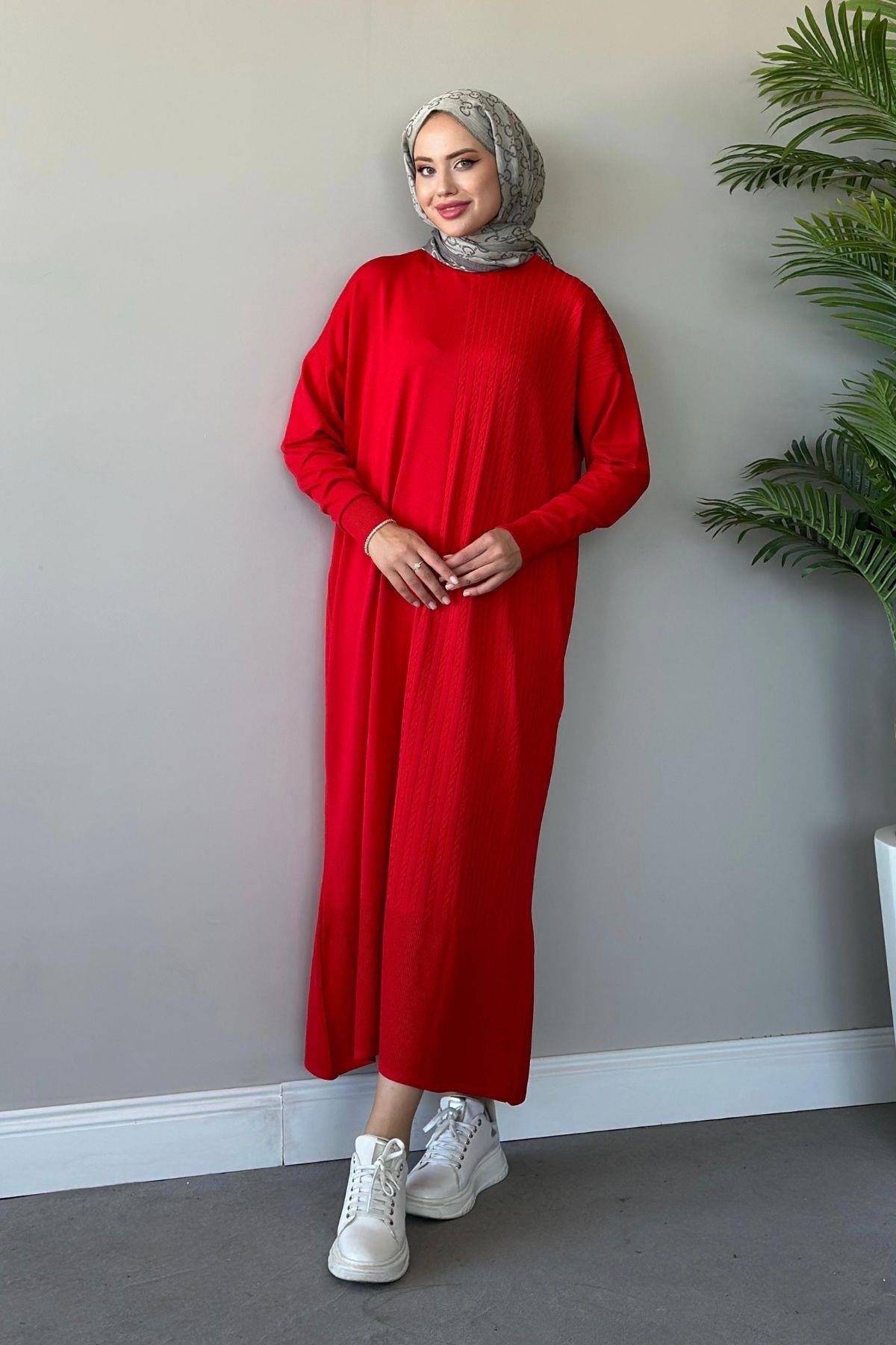 Yanı Örgü Desen Elbise Kırmızı, Fiyatları 