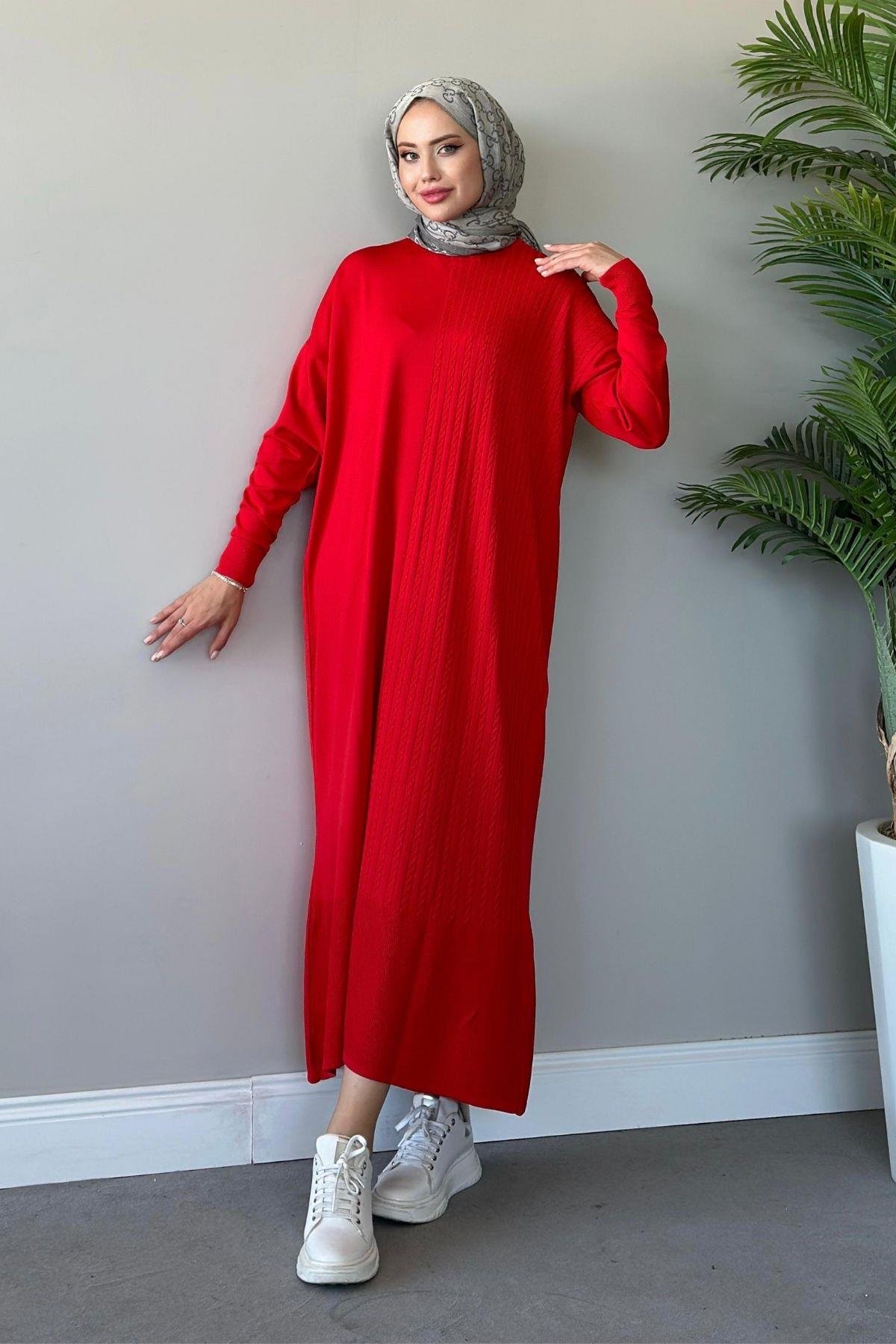 Yanı Örgü Desen Elbise Kırmızı, Fiyatları 