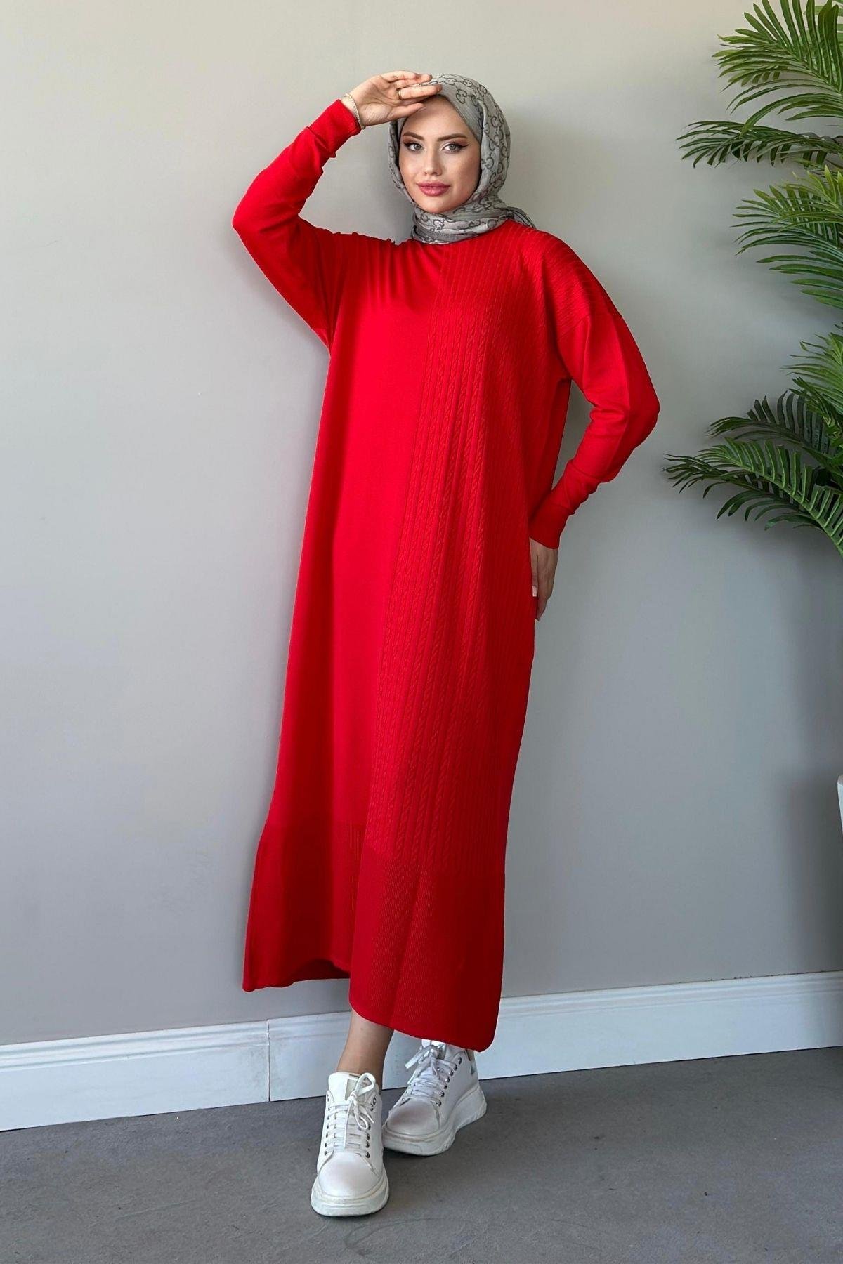 Yanı Örgü Desen Elbise Kırmızı, Fiyatları 