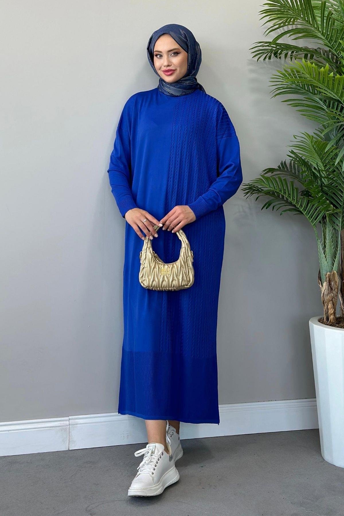 Yanı Örgü Desen Elbise Saks, Fiyatları 