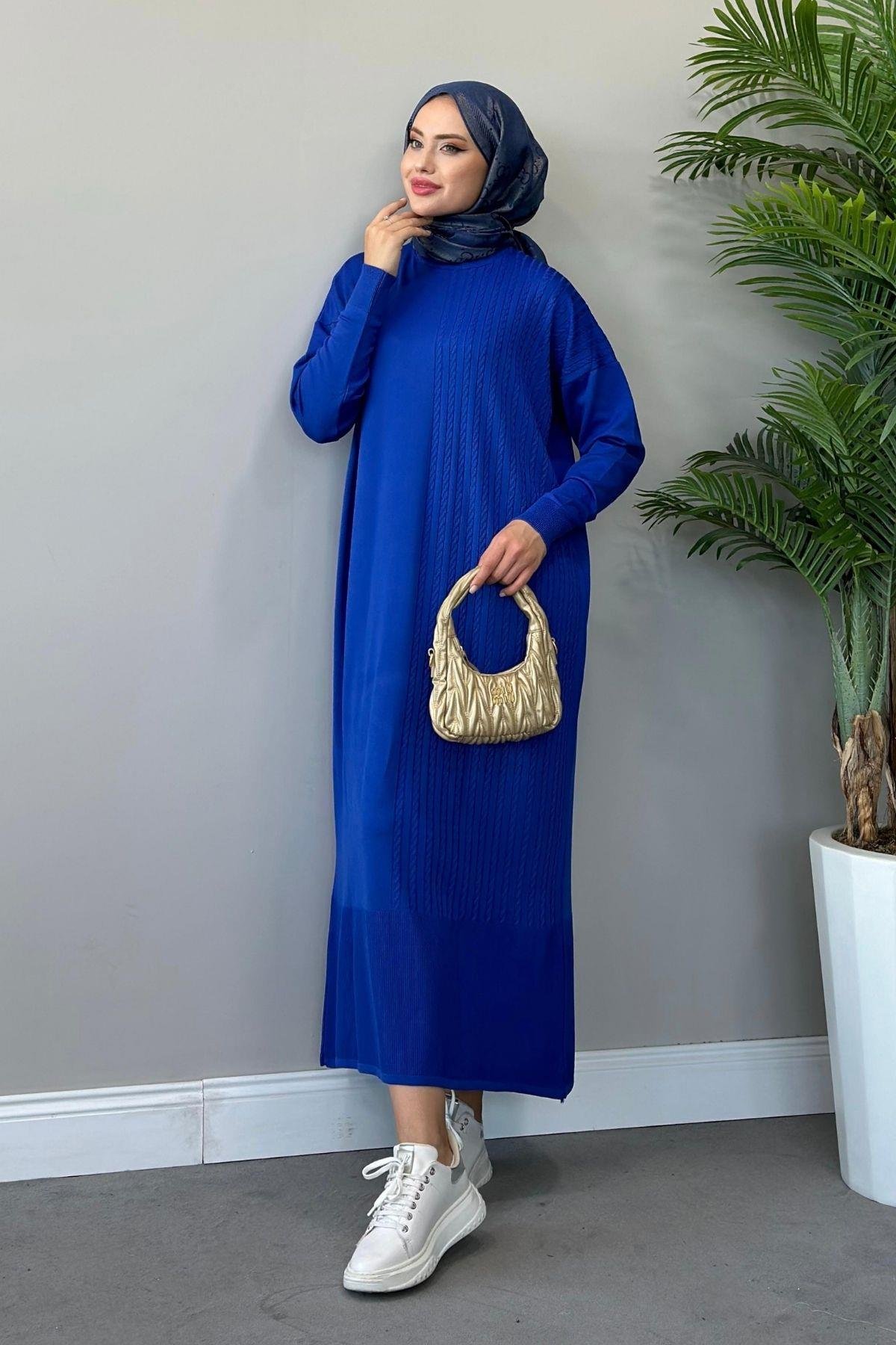 Yanı Örgü Desen Elbise Saks, Fiyatları 