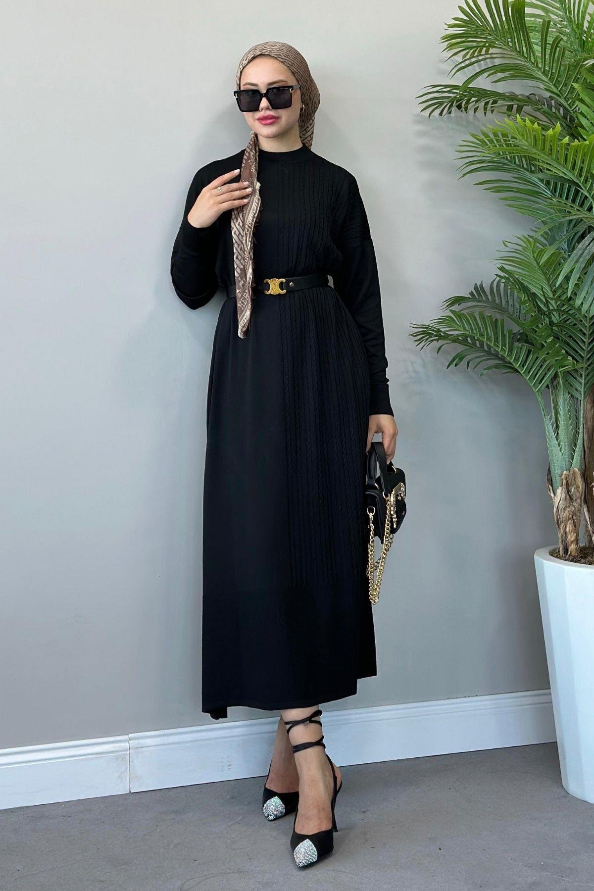 Yanı Örgü Desen Elbise Siyah, Fiyatları 