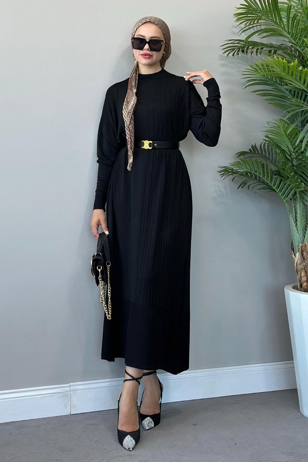 Yanı Örgü Desen Elbise Siyah, Fiyatları 