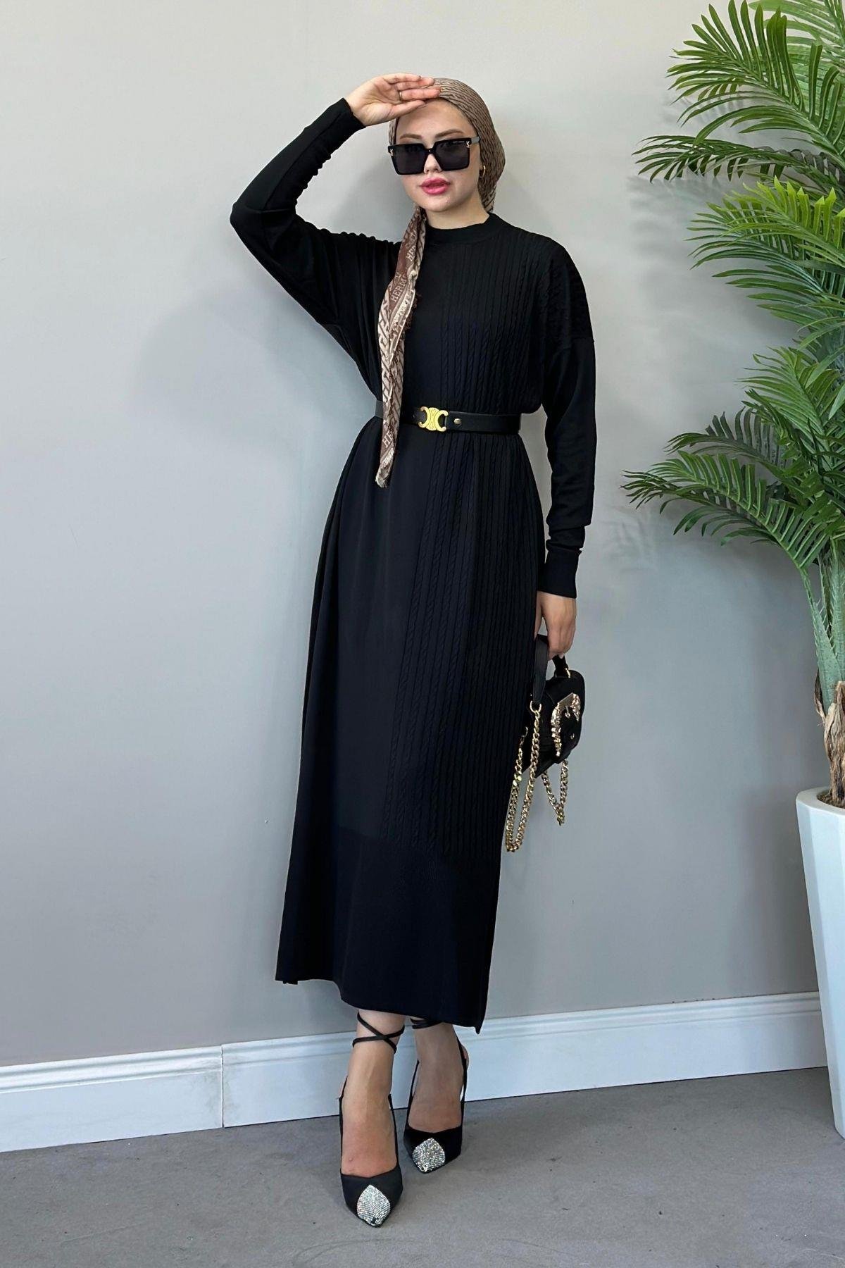 Yanı Örgü Desen Elbise Siyah, Fiyatları 