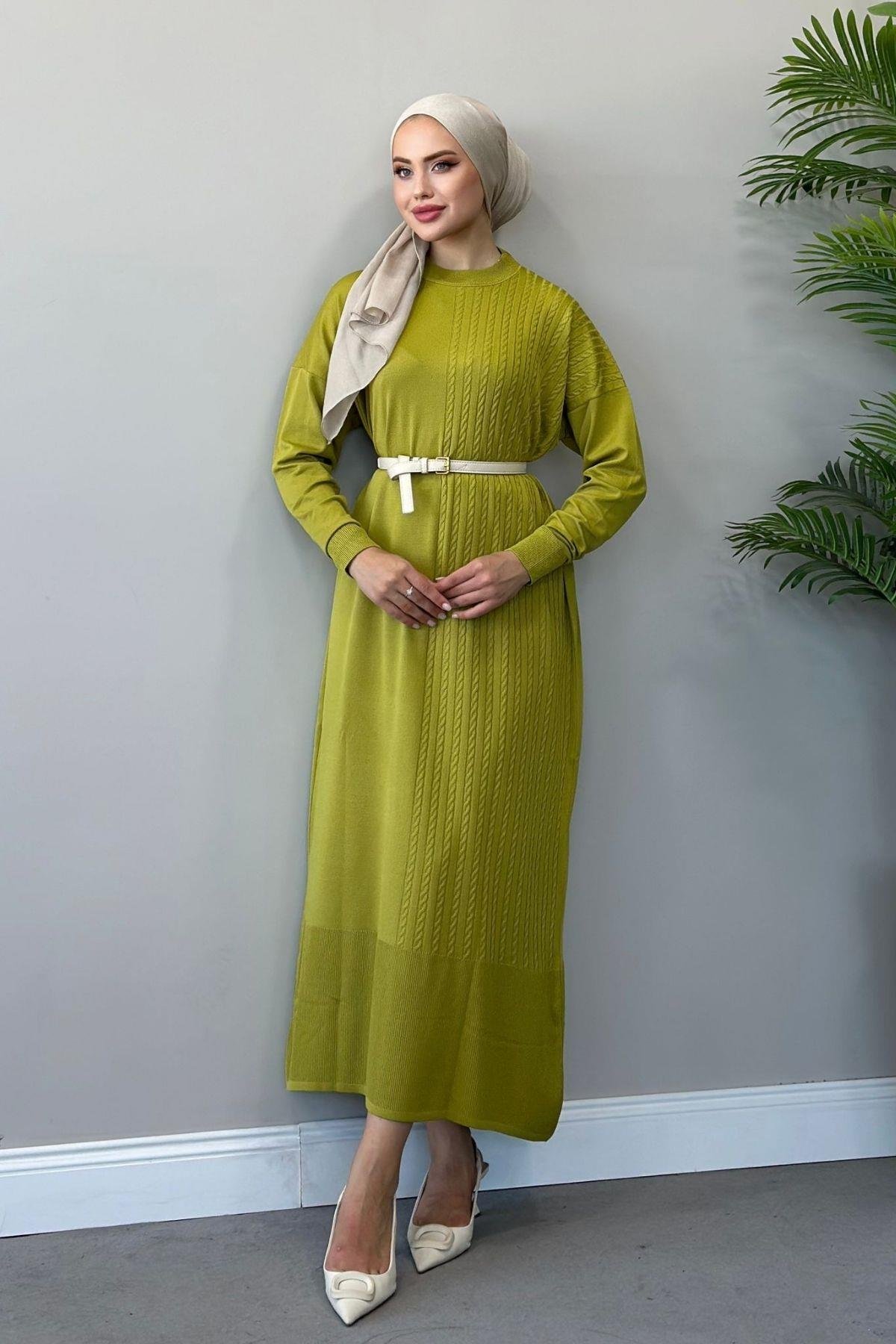 Yanı Örgü Desen Elbise Yağyeşili, Fiyatları 