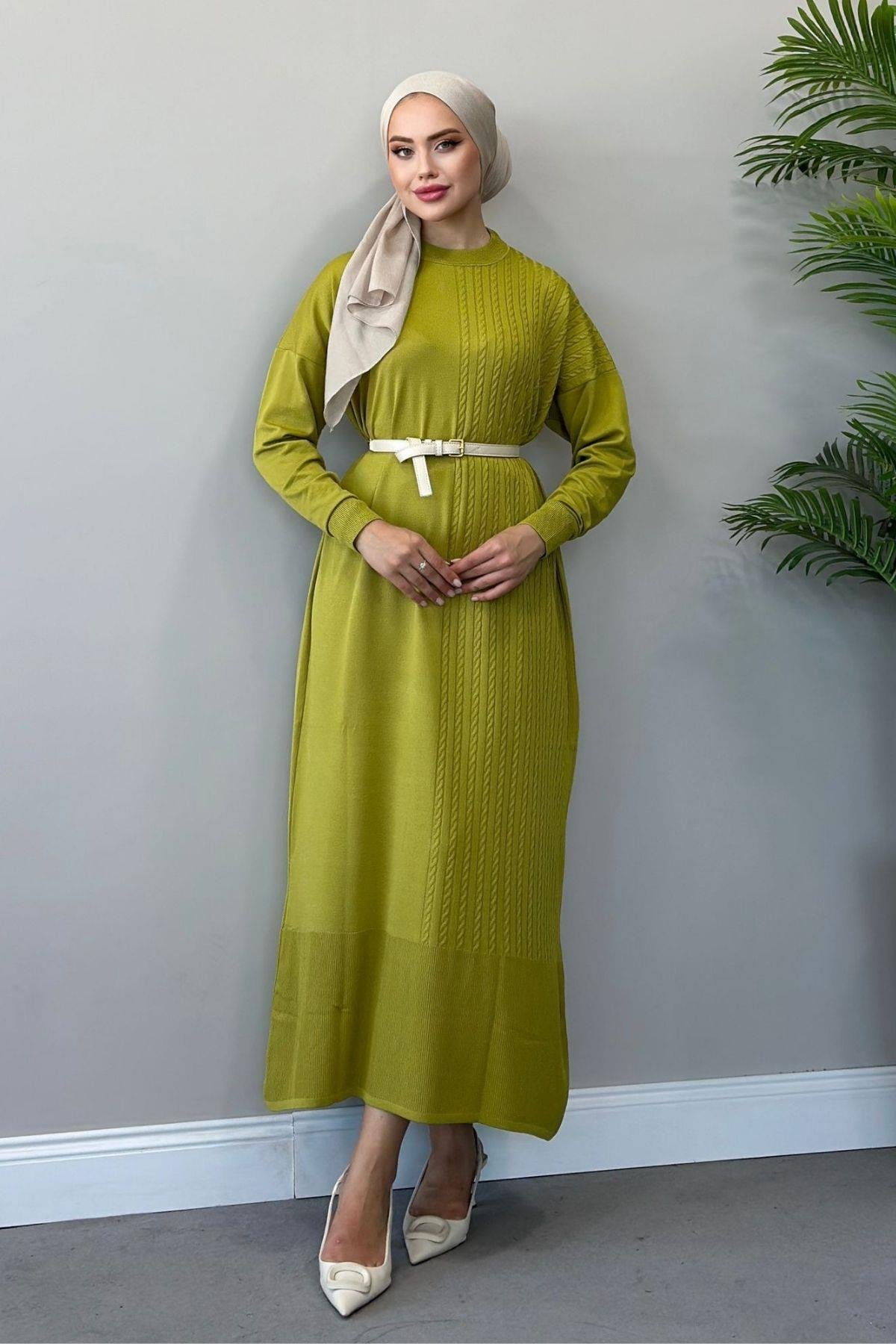 Yanı Örgü Desen Elbise Yağyeşili, Fiyatları 