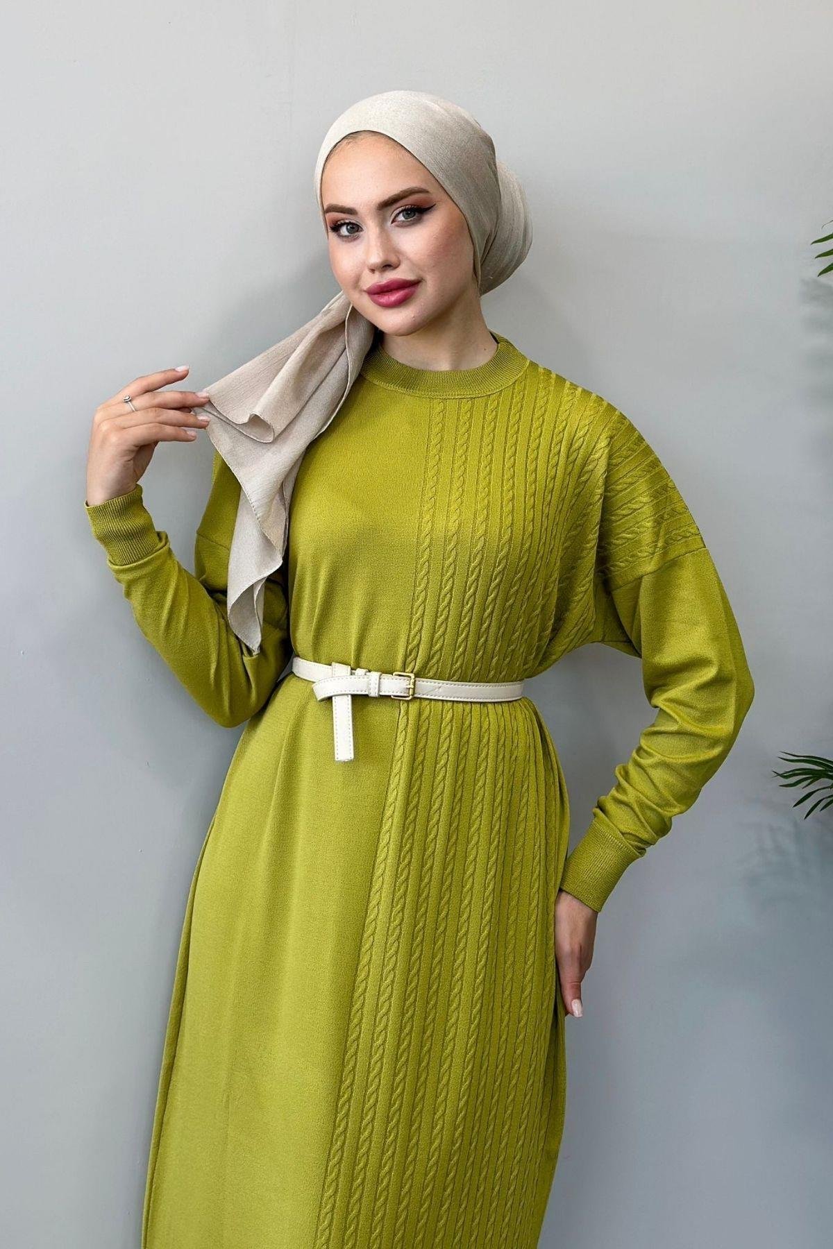 Yanı Örgü Desen Elbise Yağyeşili, Fiyatları 