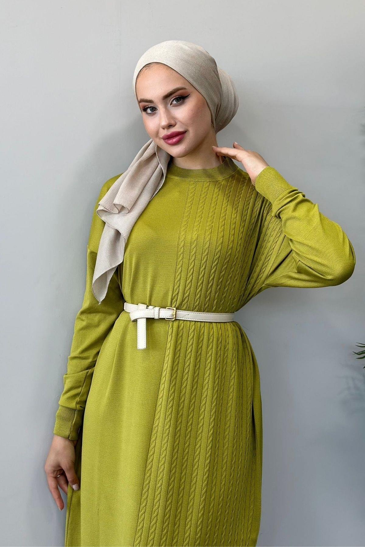 Yanı Örgü Desen Elbise Yağyeşili, Fiyatları 