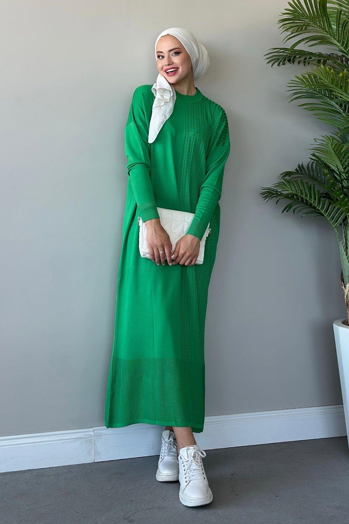 Yanı Örgü Desen Elbise Yeşil, Fiyatları 