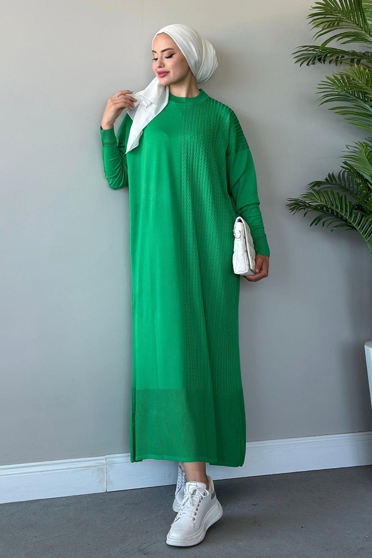 Yanı Örgü Desen Elbise Yeşil, Fiyatları 