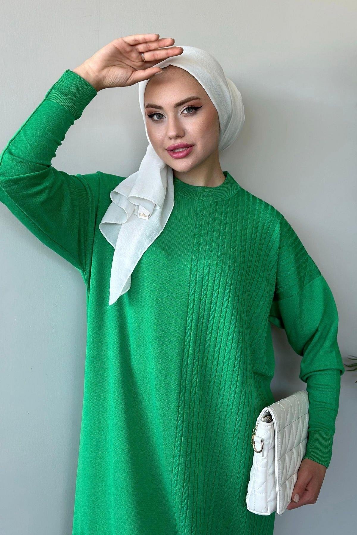 Yanı Örgü Desen Elbise Yeşil, Fiyatları 