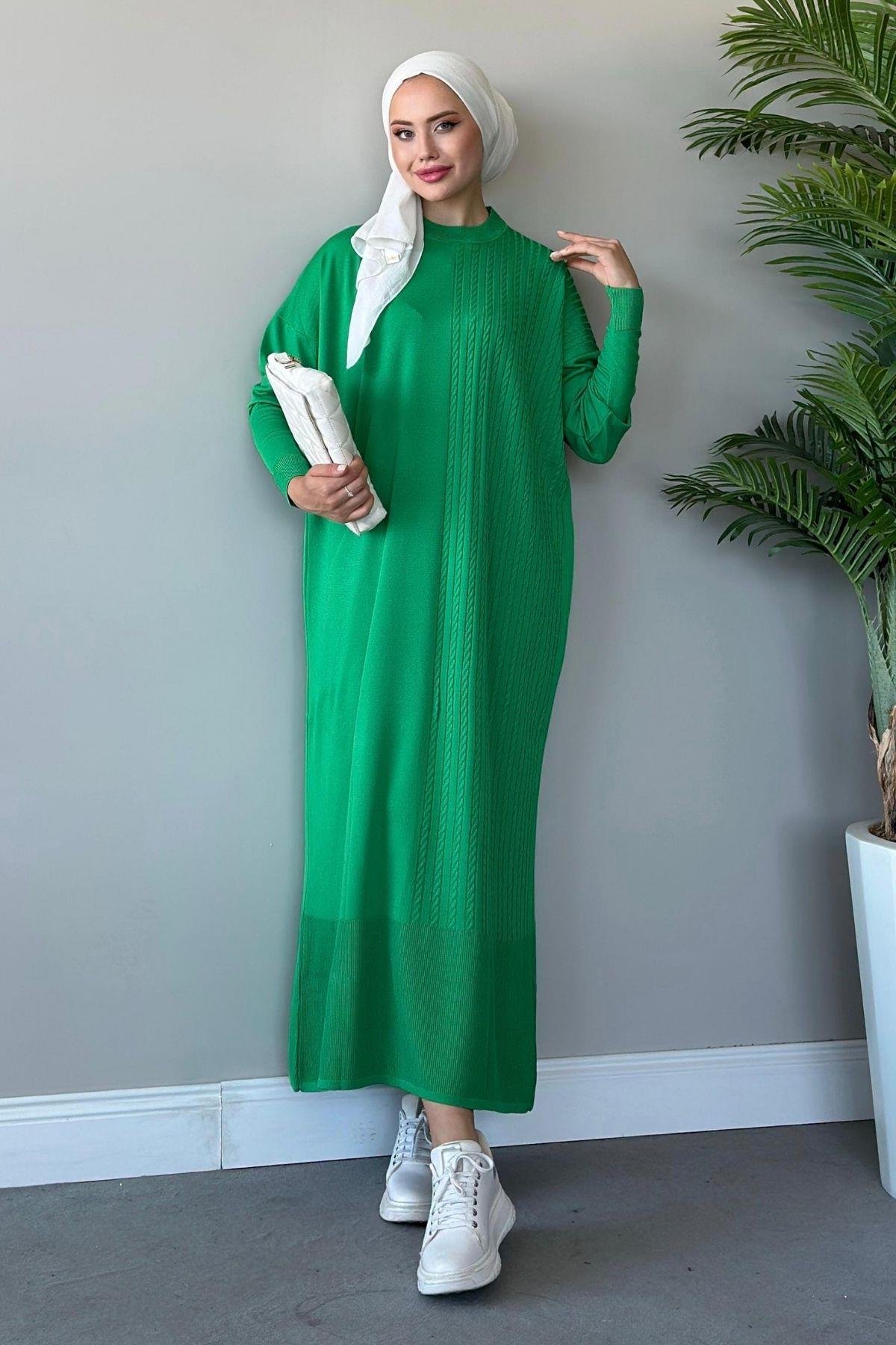 Yanı Örgü Desen Elbise Yeşil, Fiyatları 