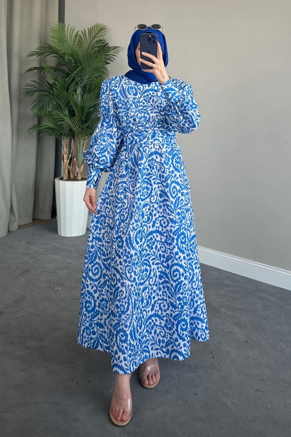 Yaprak Desen Elbise Mavi, Fiyatları 