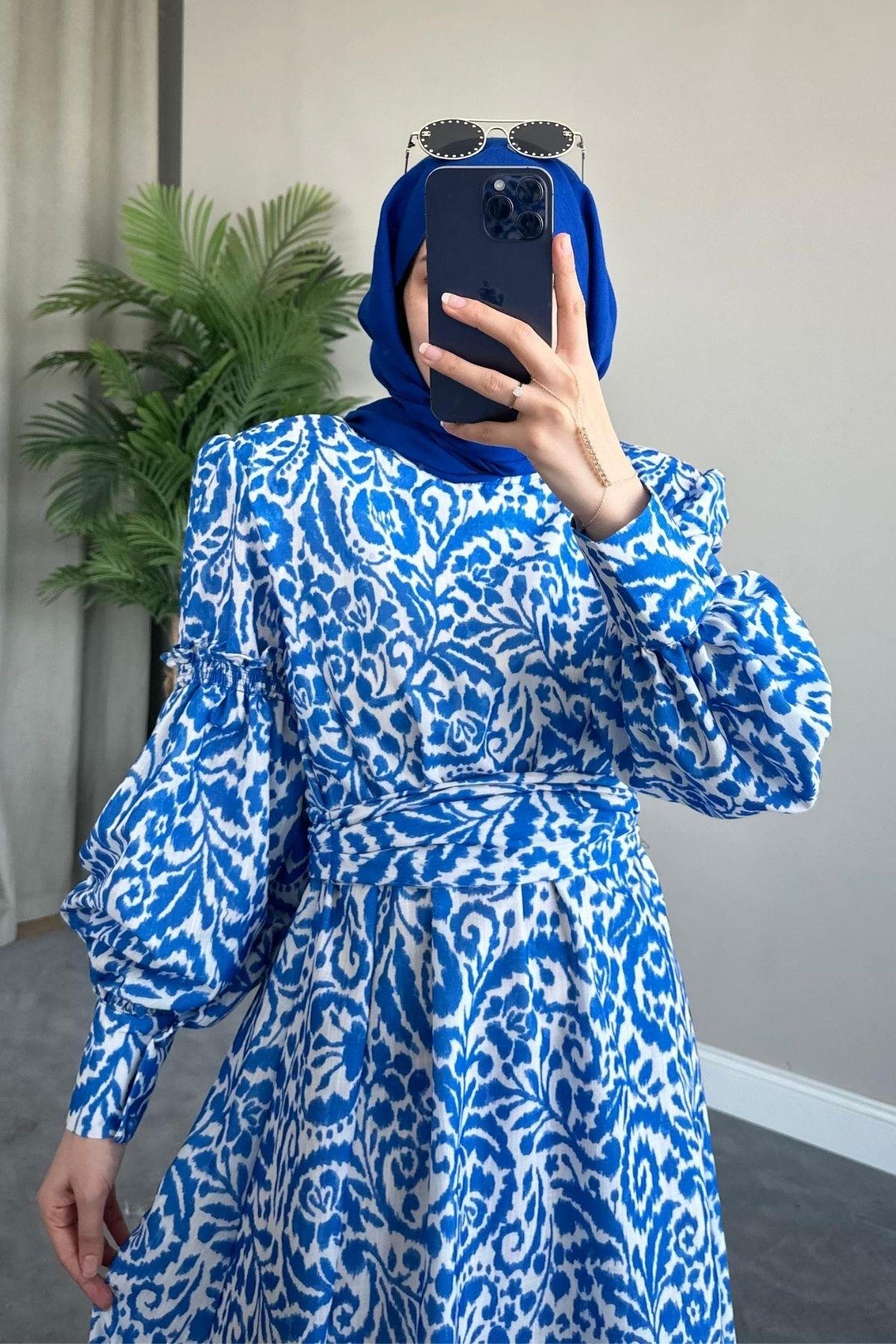 Yaprak Desen Elbise Mavi, Fiyatları 