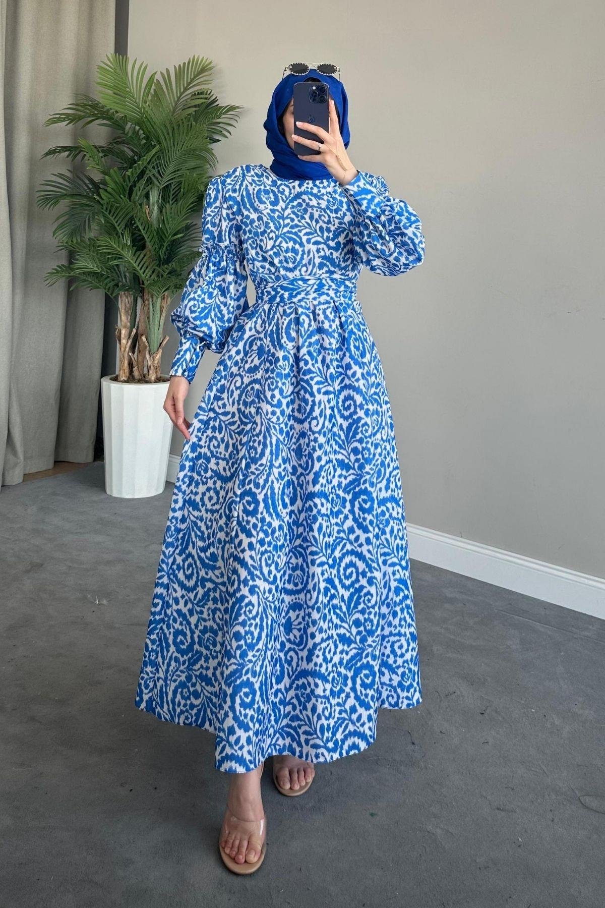 Yaprak Desen Elbise Mavi, Fiyatları 