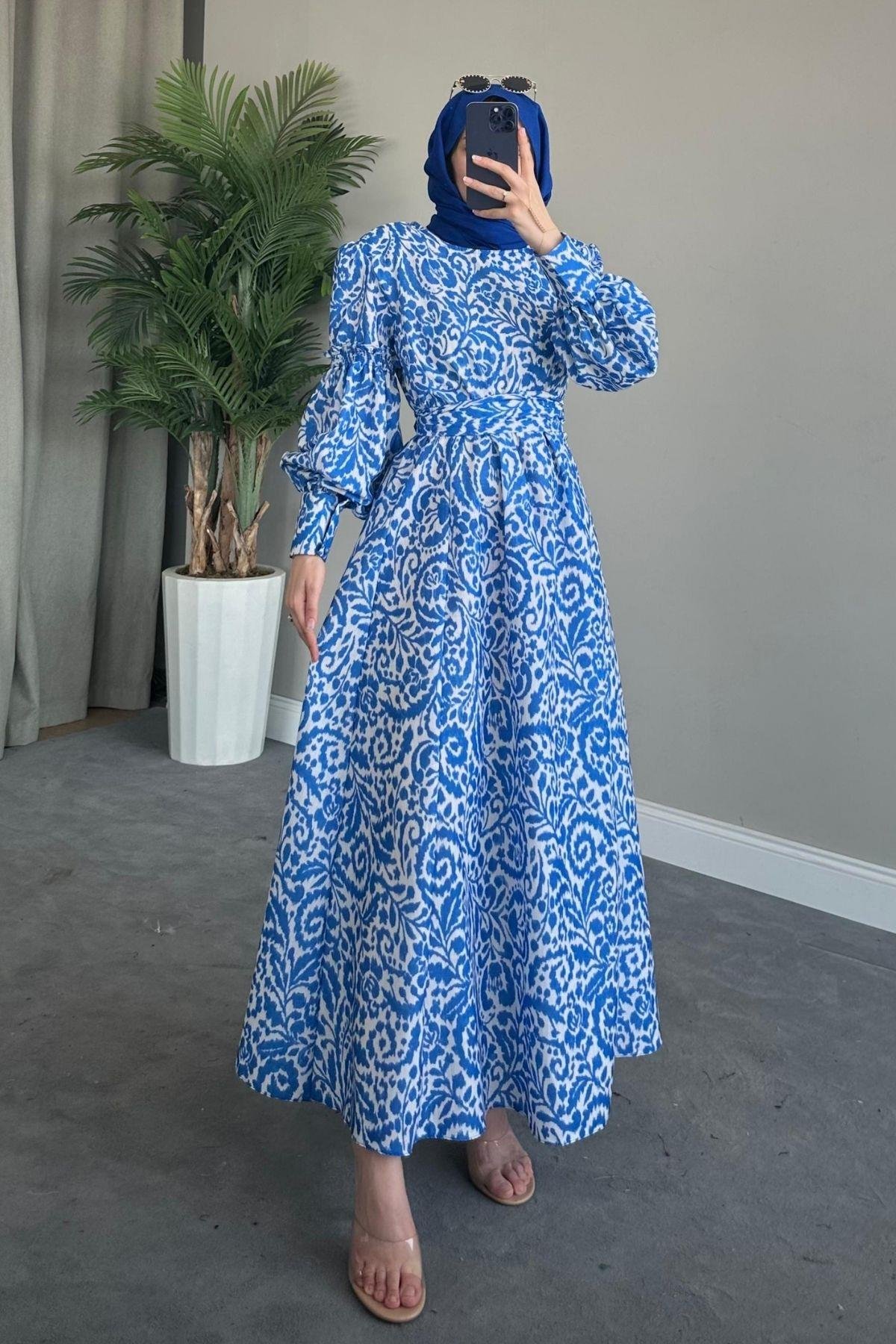 Yaprak Desen Elbise Mavi, Fiyatları 