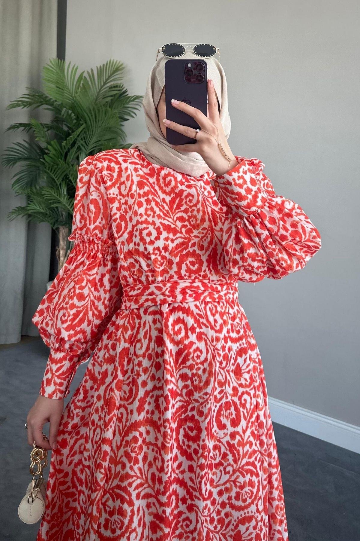 Yaprak Desen Elbise Turuncu, Fiyatları 