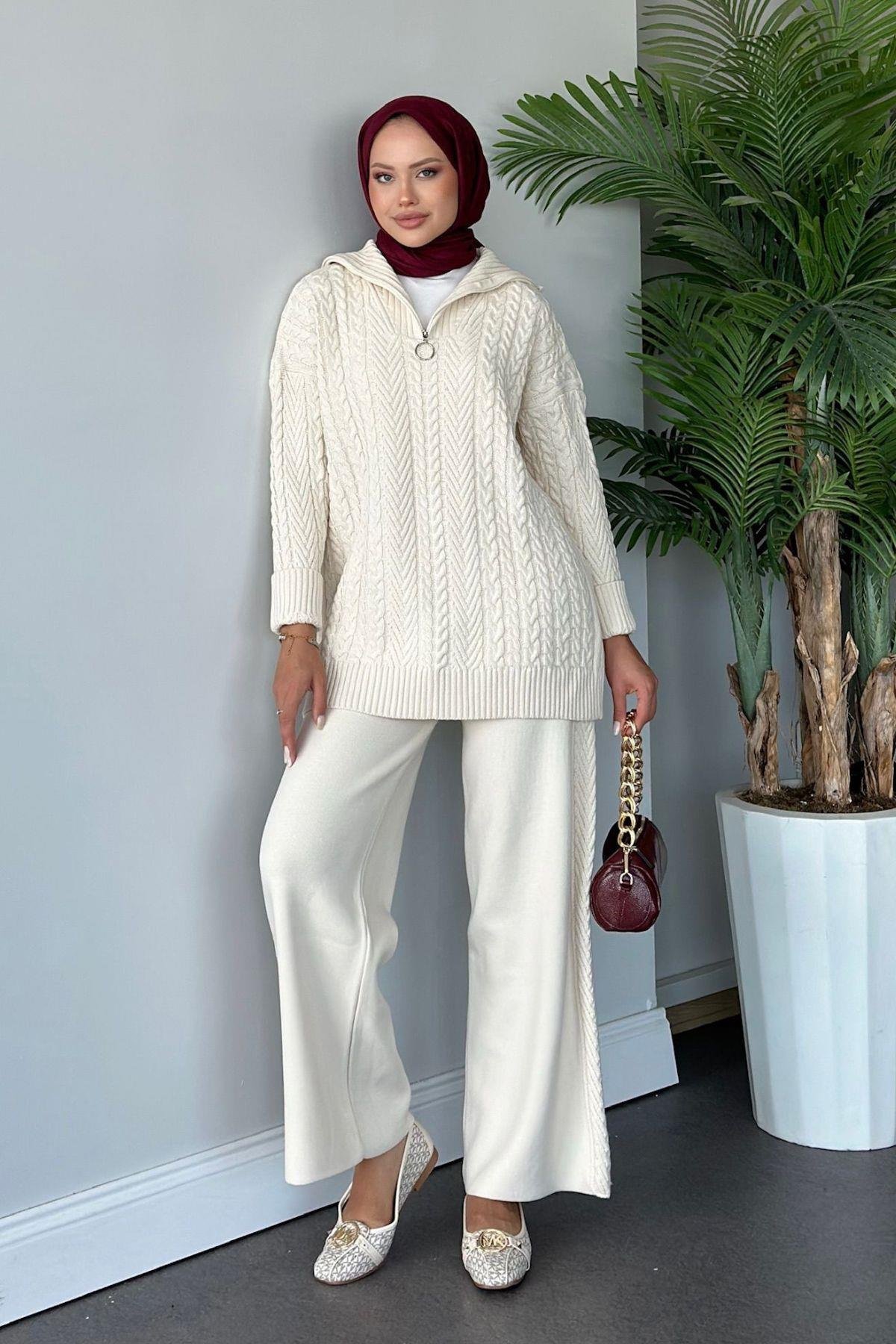 Yarı Fermuarlı Örme Triko Takım Ekru, Fiyatları 