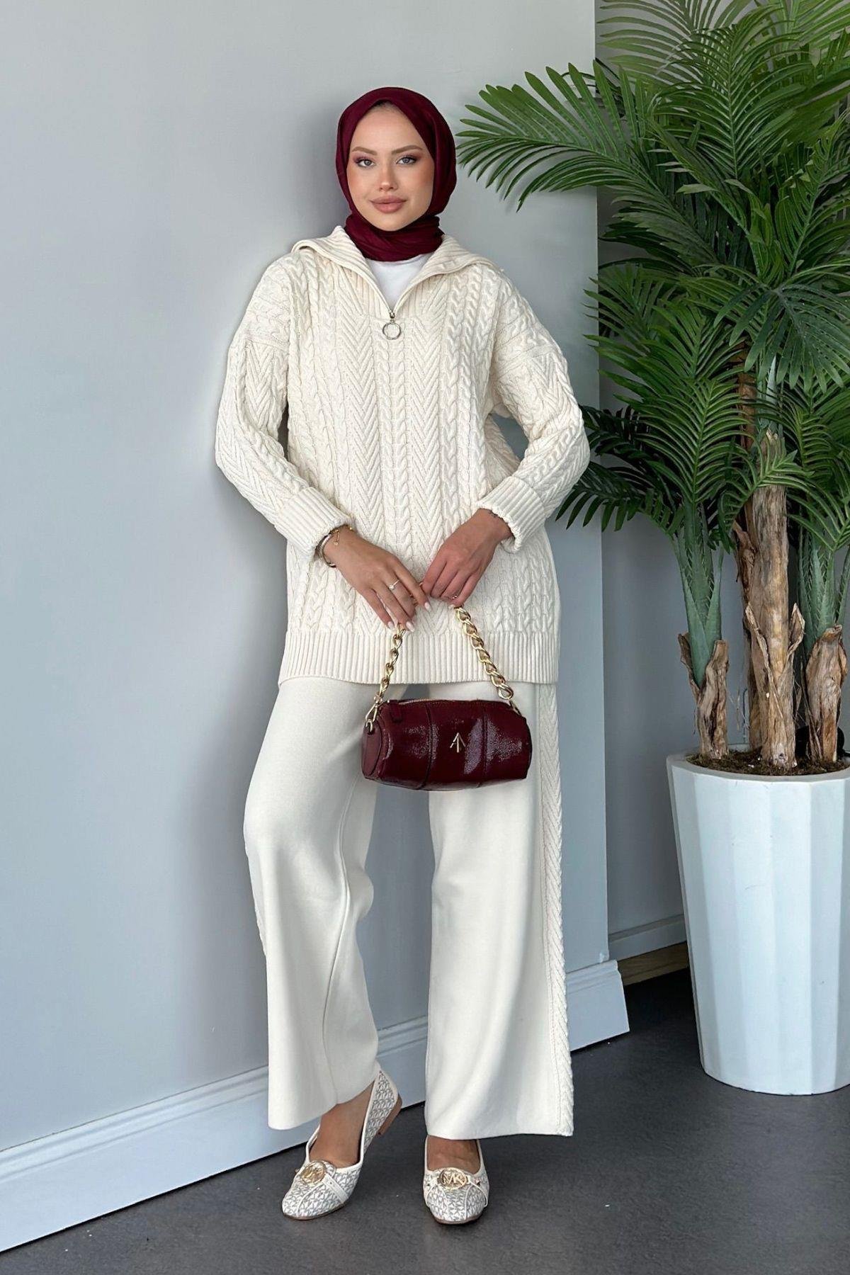 Yarı Fermuarlı Örme Triko Takım Ekru, Fiyatları 