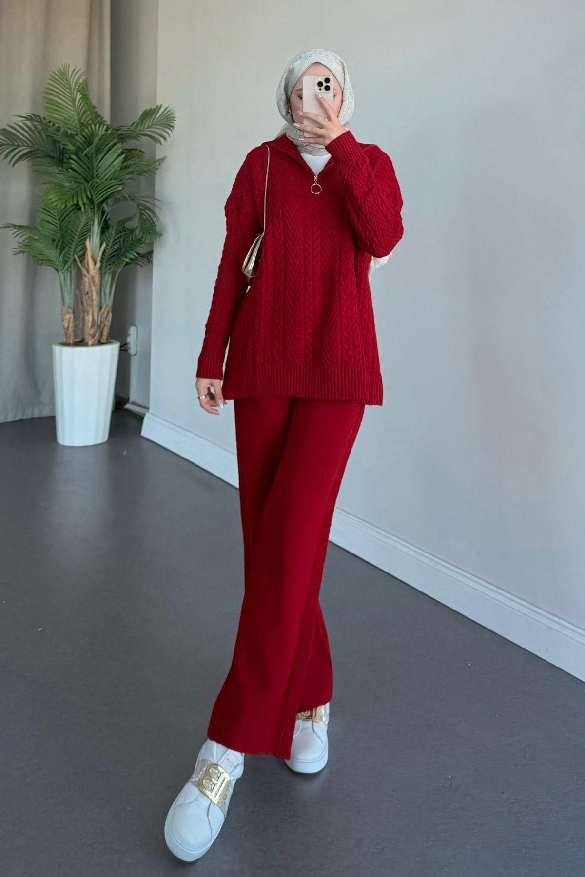 Yarı Fermuarlı Örme Triko Takım Kırmızı, Fiyatları Haza Moda | Tesettür Giyim | Yarı Fermuarlı Örme Triko Takım Kırmızı
