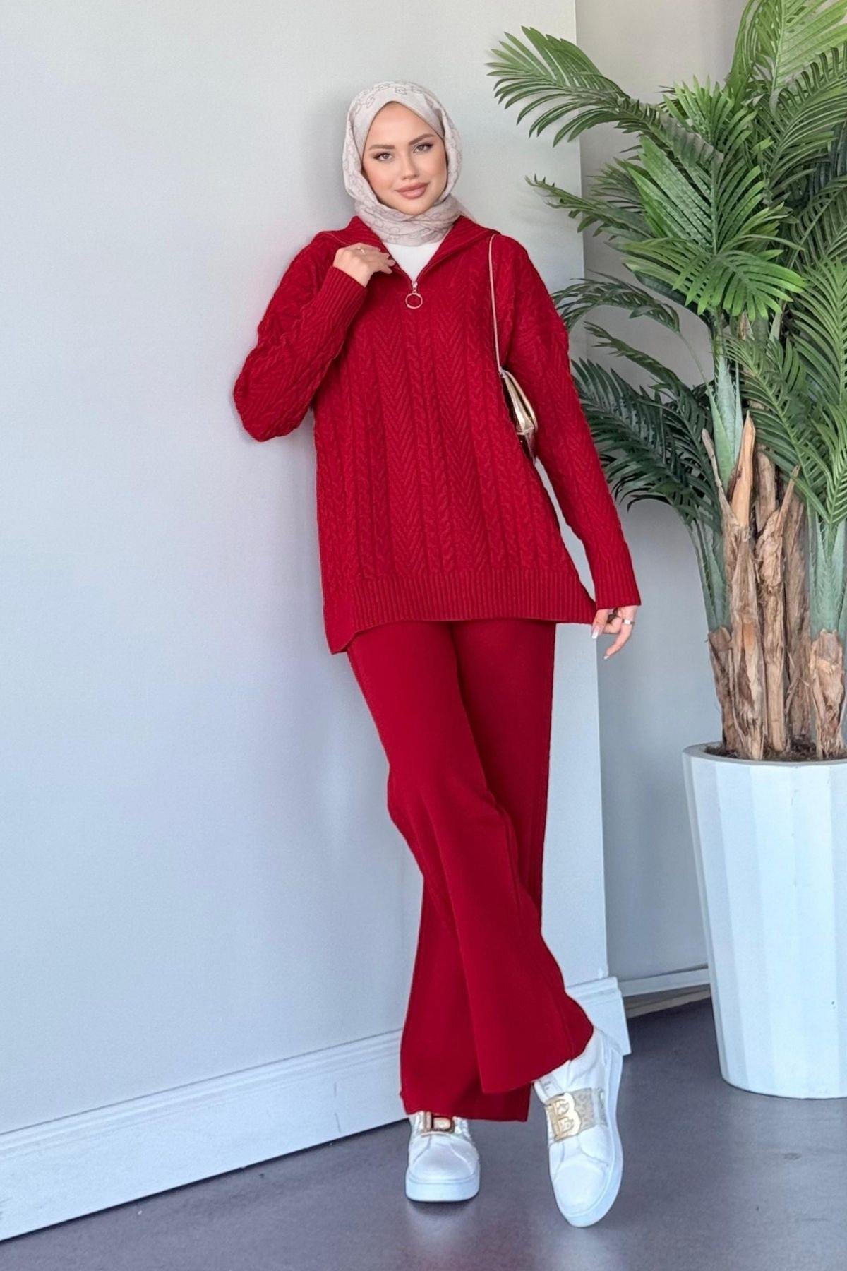 Yarı Fermuarlı Örme Triko Takım Kırmızı, Fiyatları Haza Moda | Tesettür Giyim | Yarı Fermuarlı Örme Triko Takım Kırmızı