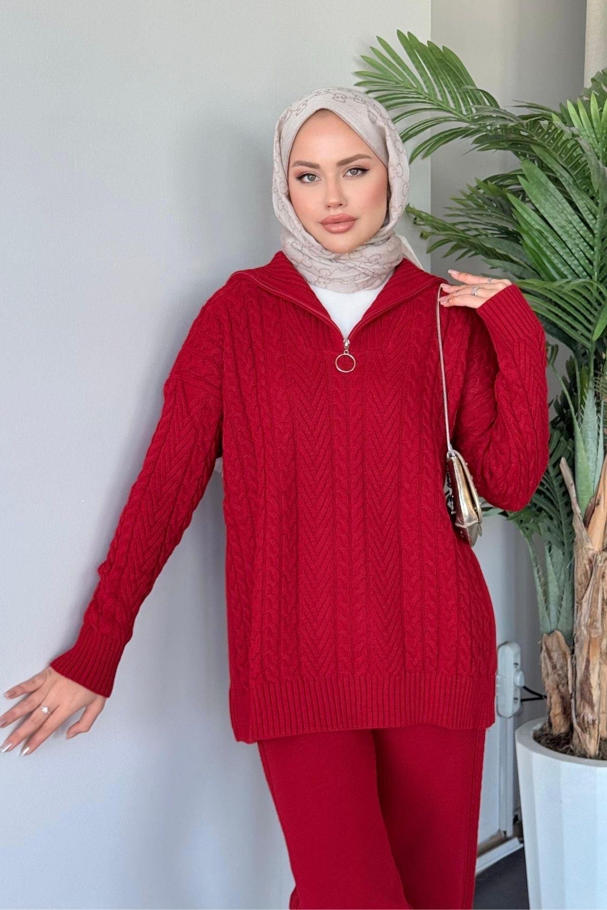 Yarı Fermuarlı Örme Triko Takım Kırmızı, Fiyatları Haza Moda | Tesettür Giyim | Yarı Fermuarlı Örme Triko Takım Kırmızı