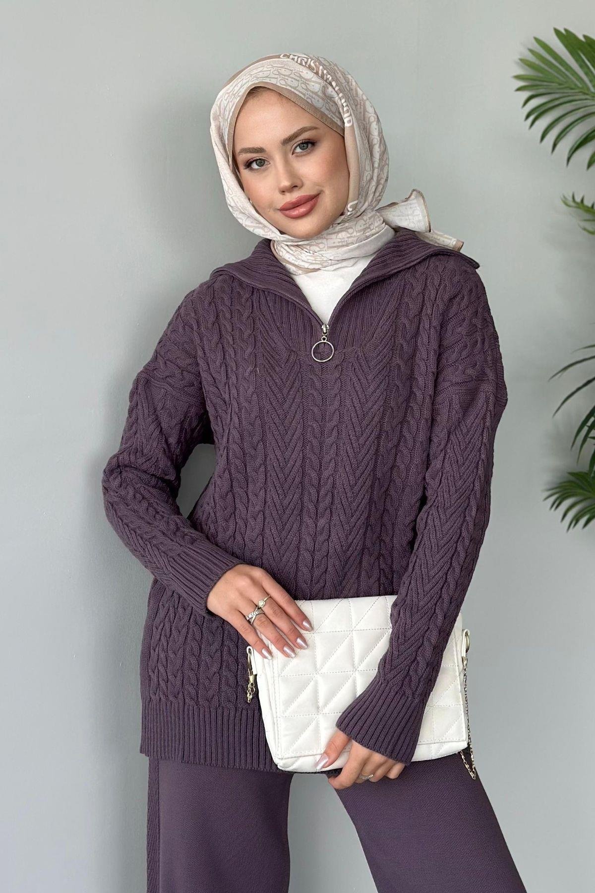 Yarı Fermuarlı Örme Triko Takım Mürdüm, Fiyatları Haza Moda | Tesettür Giyim | Yarı Fermuarlı Örme Triko Takım Mürdüm