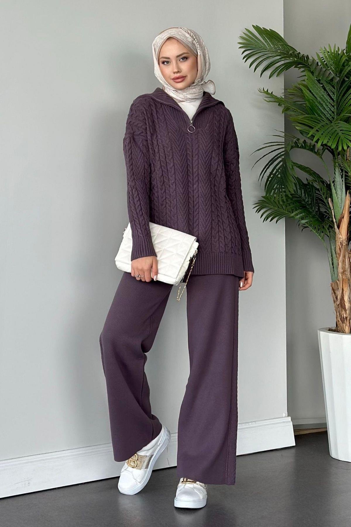 Yarı Fermuarlı Örme Triko Takım Mürdüm, Fiyatları Haza Moda | Tesettür Giyim | Yarı Fermuarlı Örme Triko Takım Mürdüm