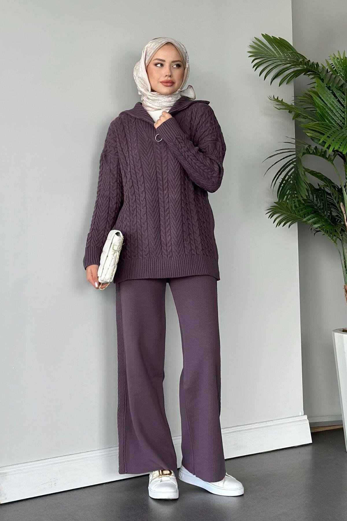 Yarı Fermuarlı Örme Triko Takım Mürdüm, Fiyatları Haza Moda | Tesettür Giyim | Yarı Fermuarlı Örme Triko Takım Mürdüm