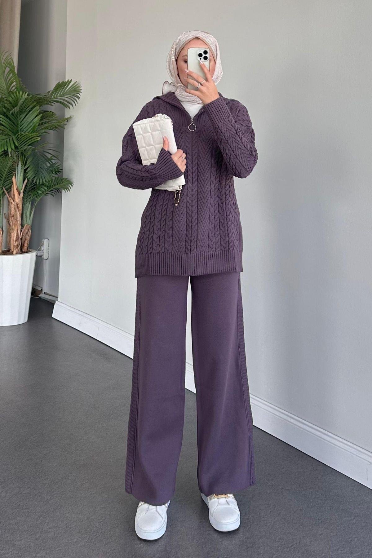 Yarı Fermuarlı Örme Triko Takım Mürdüm, Fiyatları Haza Moda | Tesettür Giyim | Yarı Fermuarlı Örme Triko Takım Mürdüm