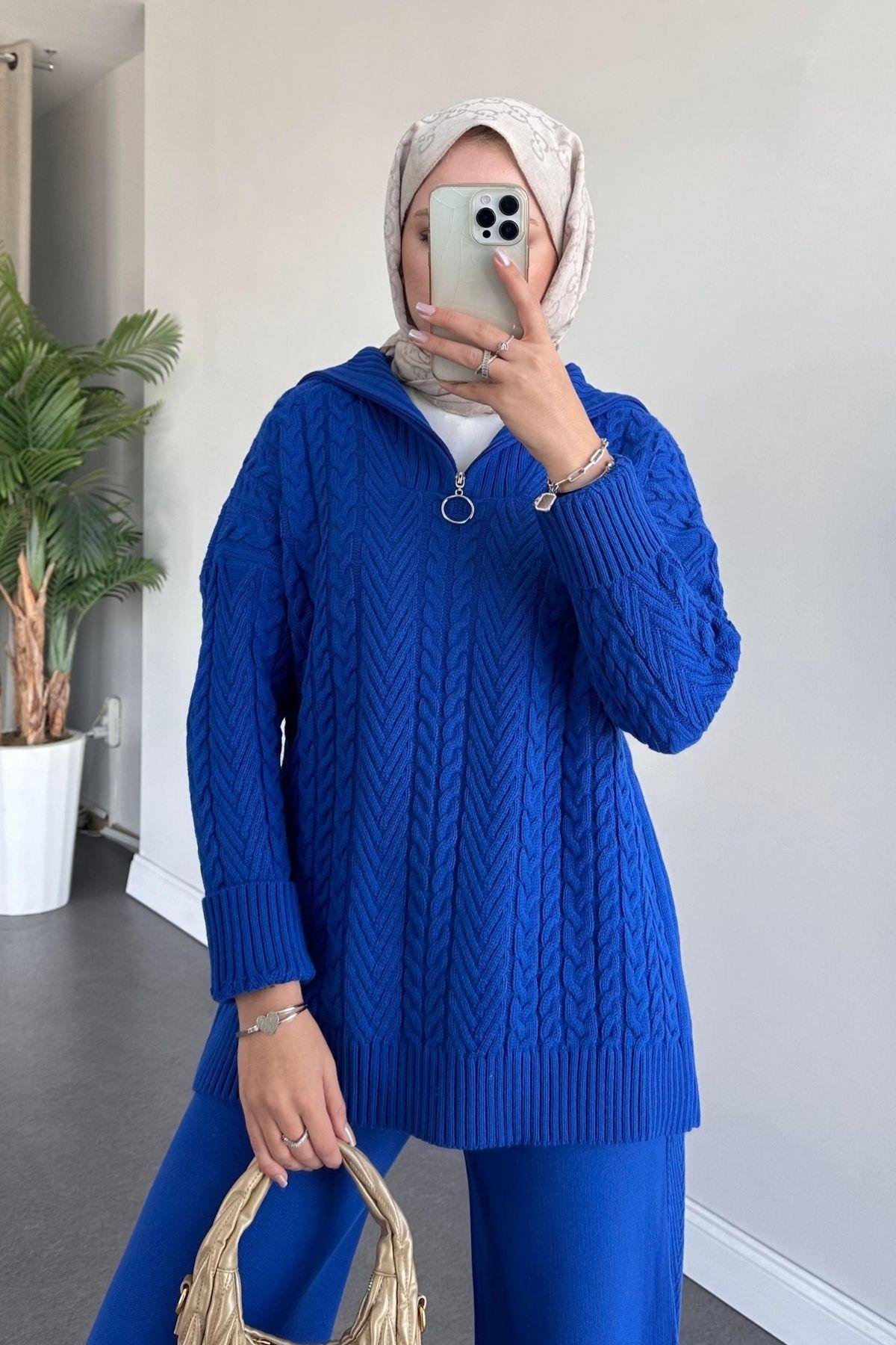 Yarı Fermuarlı Örme Triko Takım Saks, Fiyatları Haza Moda | Tesettür Giyim | Yarı Fermuarlı Örme Triko Takım Saks