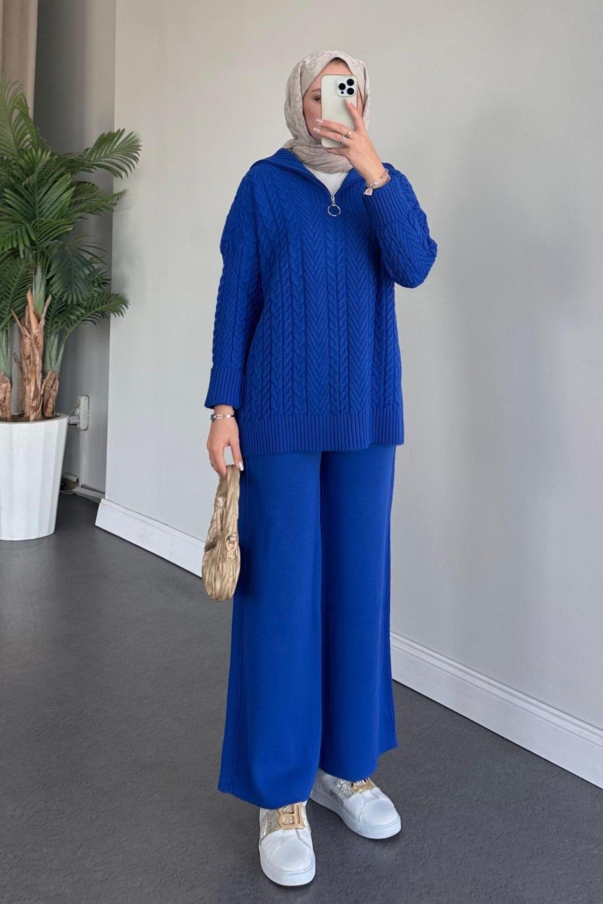 Yarı Fermuarlı Örme Triko Takım Saks, Fiyatları Haza Moda | Tesettür Giyim | Yarı Fermuarlı Örme Triko Takım Saks