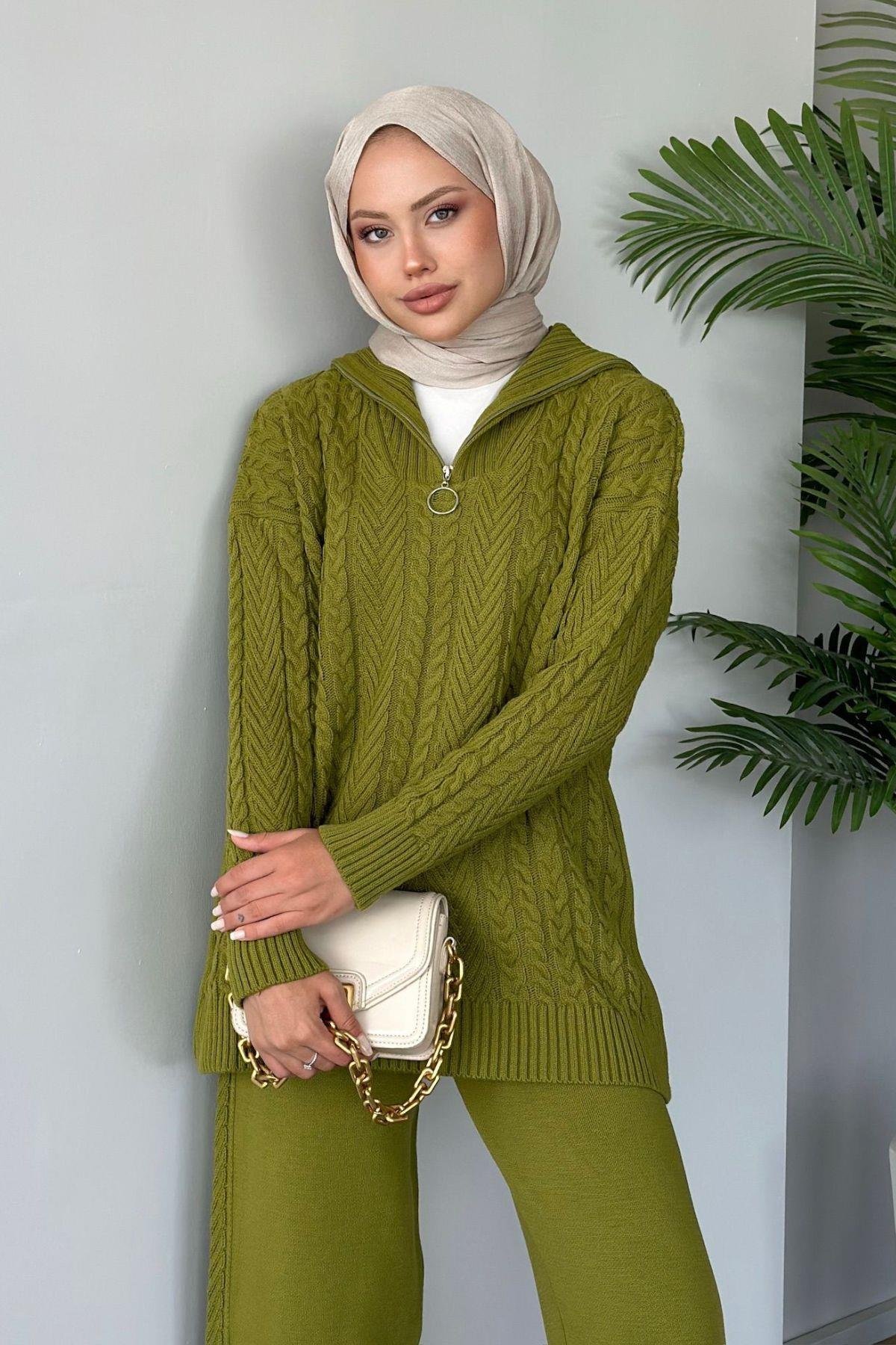 Yarı Fermuarlı Örme Triko Takım Yağyeşili, Fiyatları 