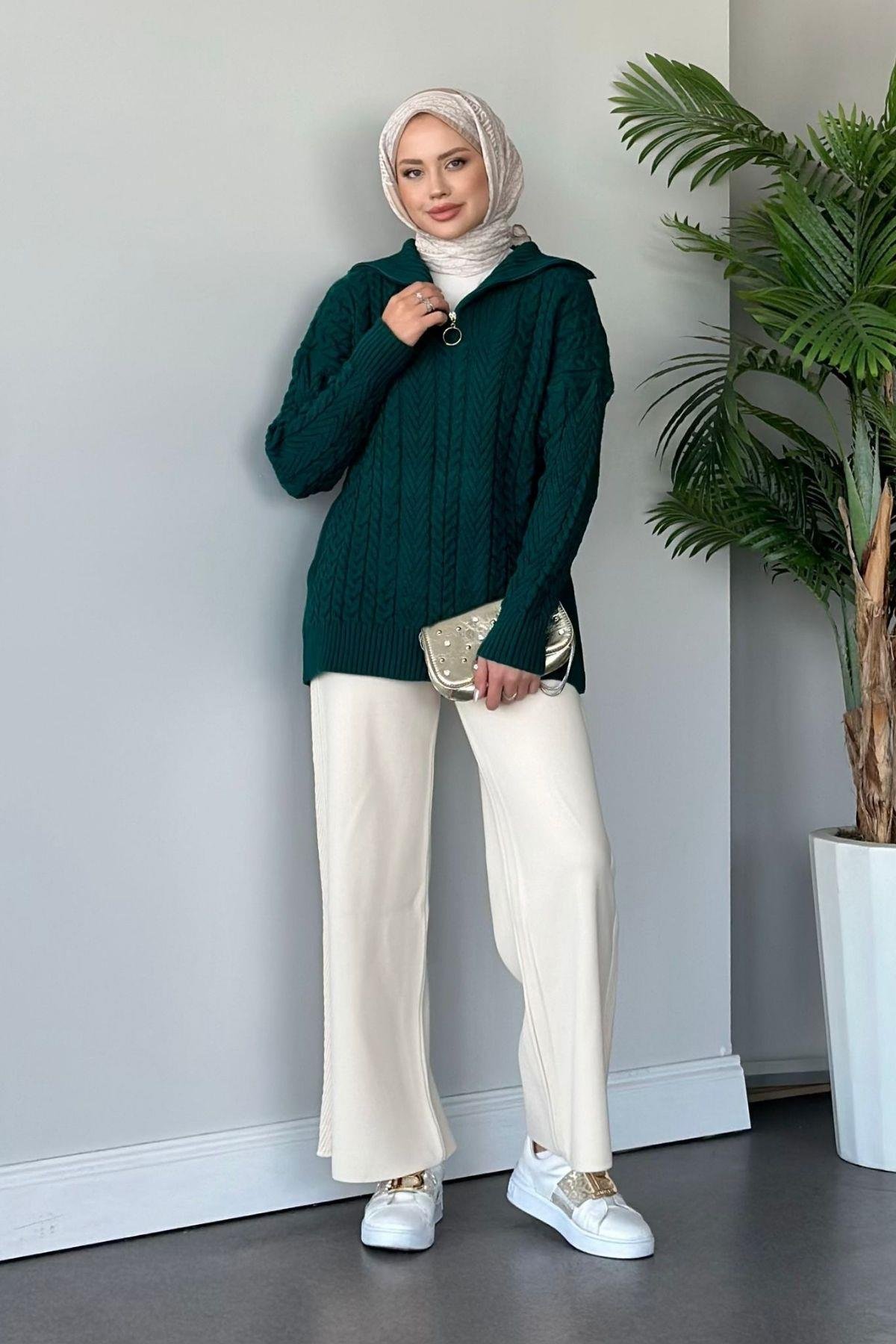 Yarı Fermuarlı Örme Triko Takım Zümrüt, Fiyatları Haza Moda | Tesettür Giyim | Yarı Fermuarlı Örme Triko Takım Zümrüt