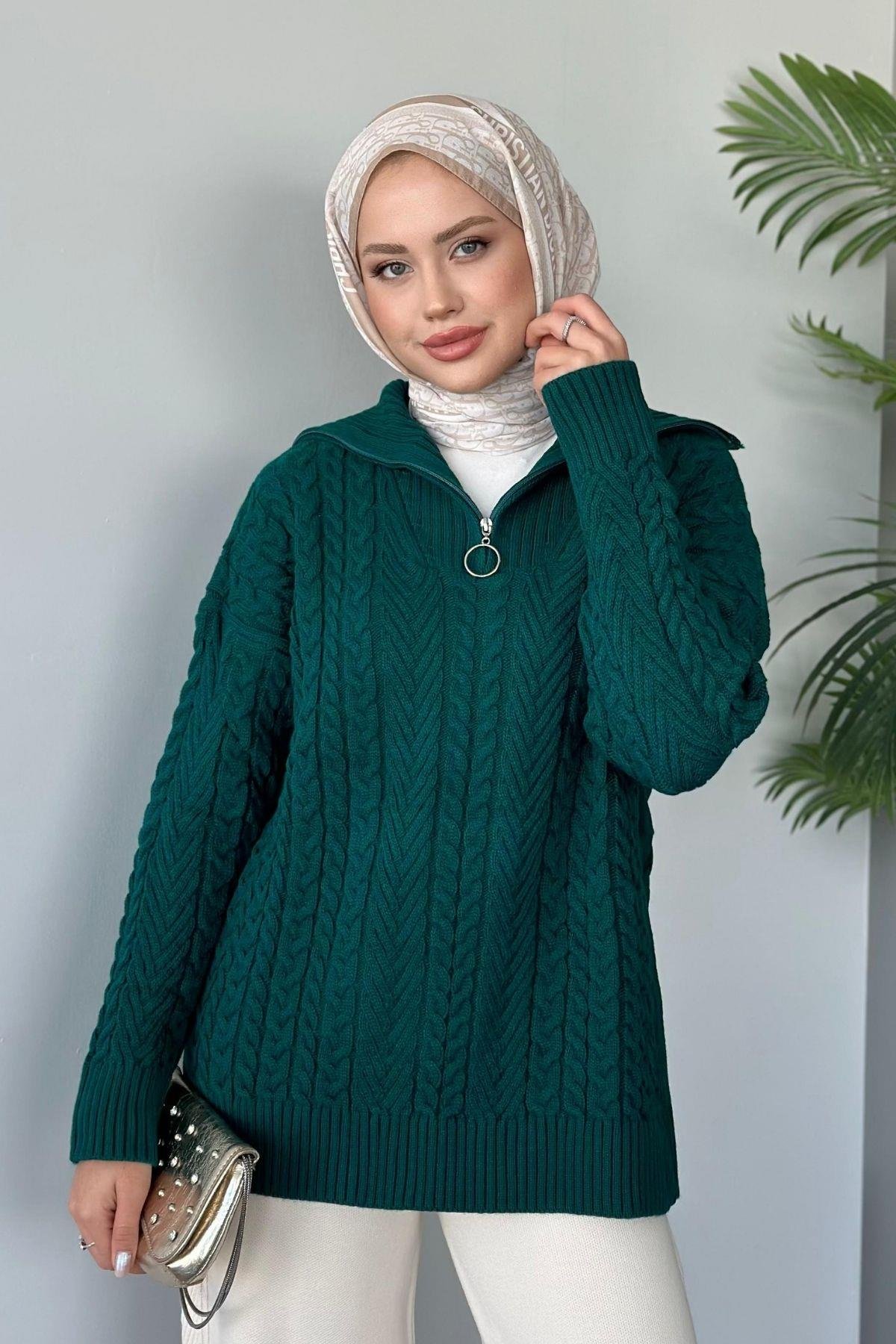 Yarı Fermuarlı Örme Triko Takım Zümrüt, Fiyatları Haza Moda | Tesettür Giyim | Yarı Fermuarlı Örme Triko Takım Zümrüt