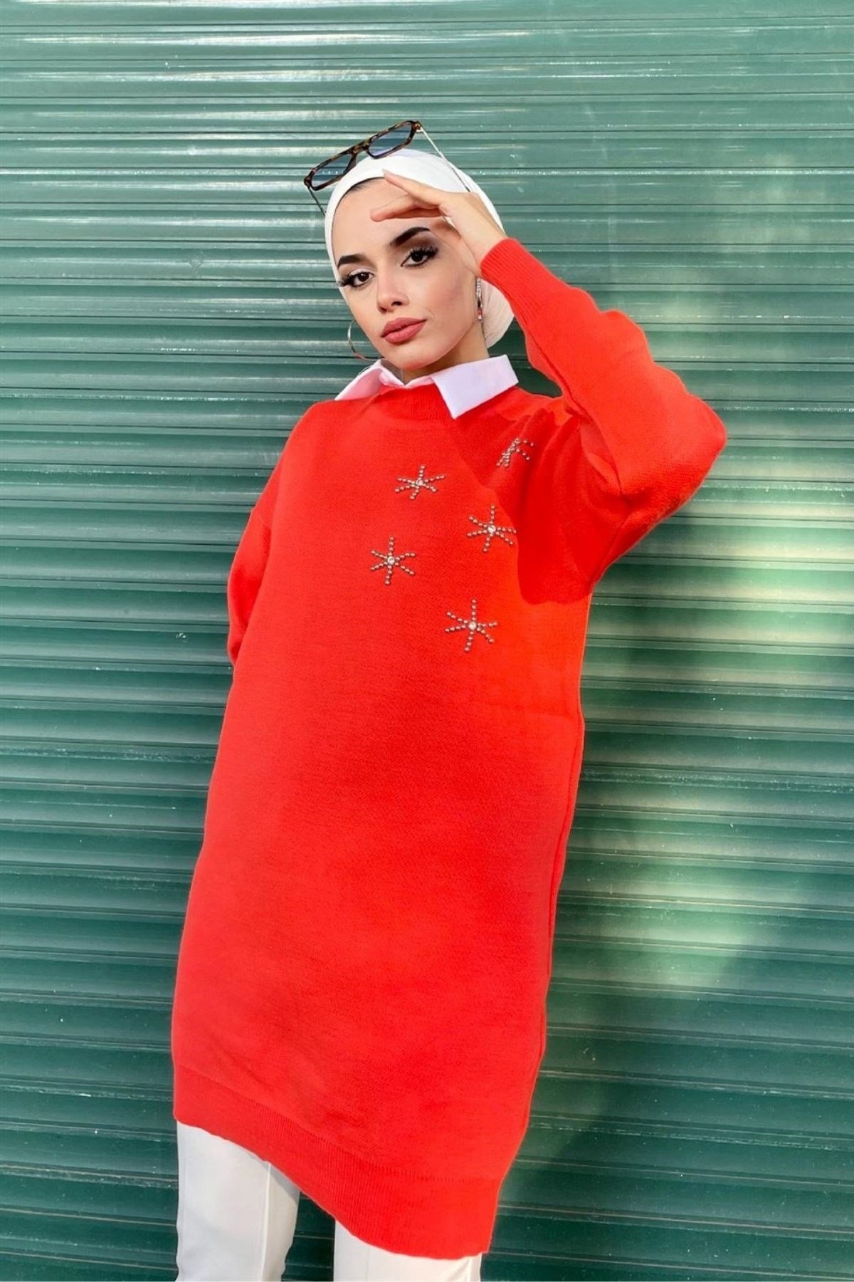 Yıldız Kazak-TURUNCU, Fiyatları Zincir Triko Kazak-FISTIK YEŞİLİ – Haza Moda | Tesettür Giyim