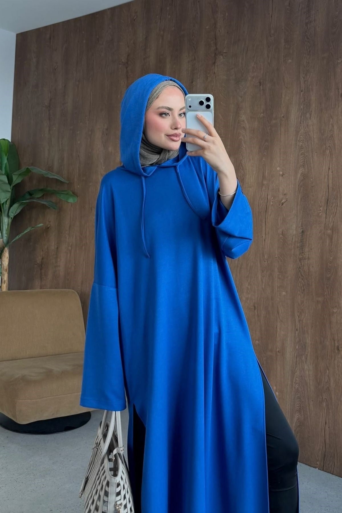 Yırtmaçlı Uzun Sweat Elbise Saks, Fiyatları Yırtmaçlı Uzun Sweat Elbise Saks– Haza Moda | Tesettür Giyim