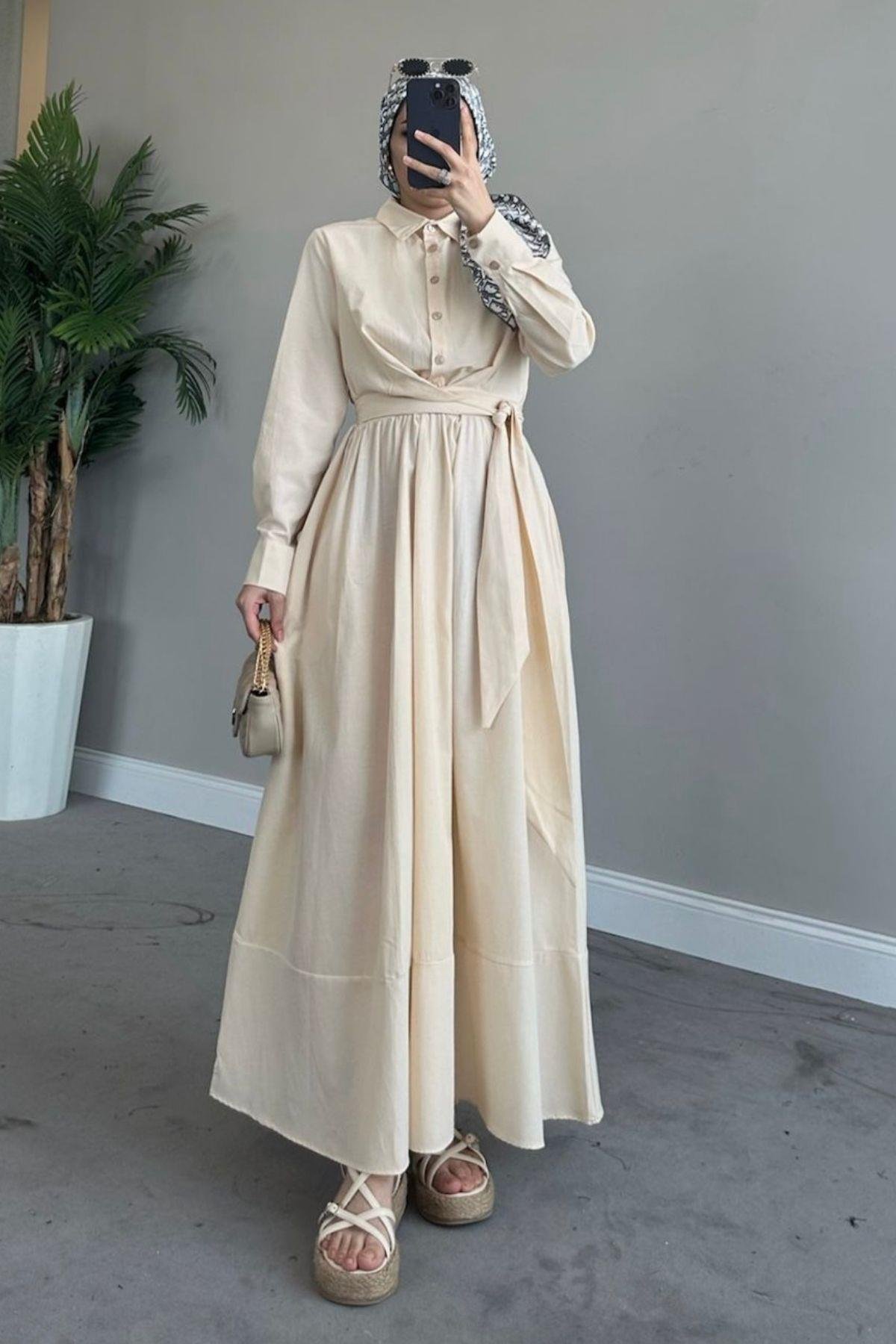 Zarif Bağlamalı Elbise Krem, Fiyatları 