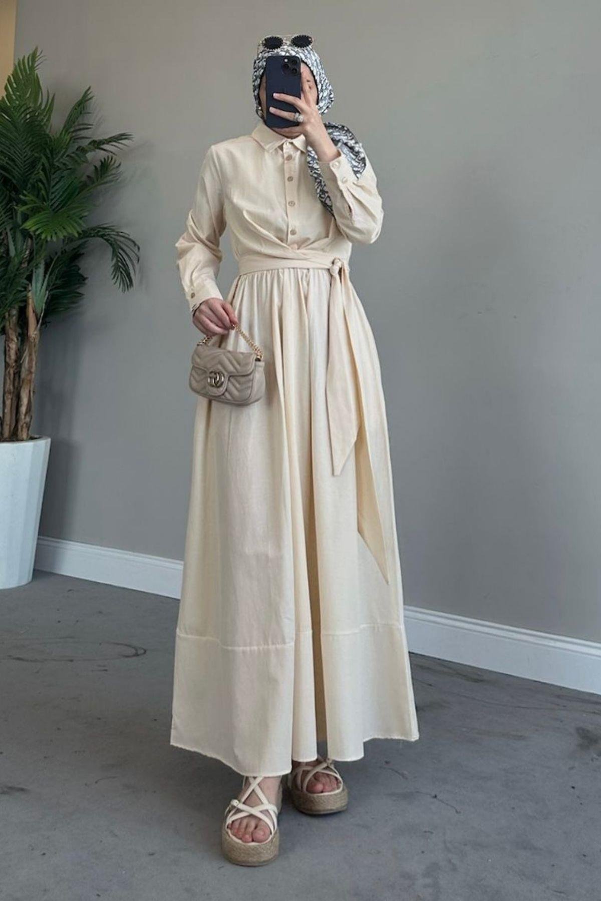 Zarif Bağlamalı Elbise Krem, Fiyatları 