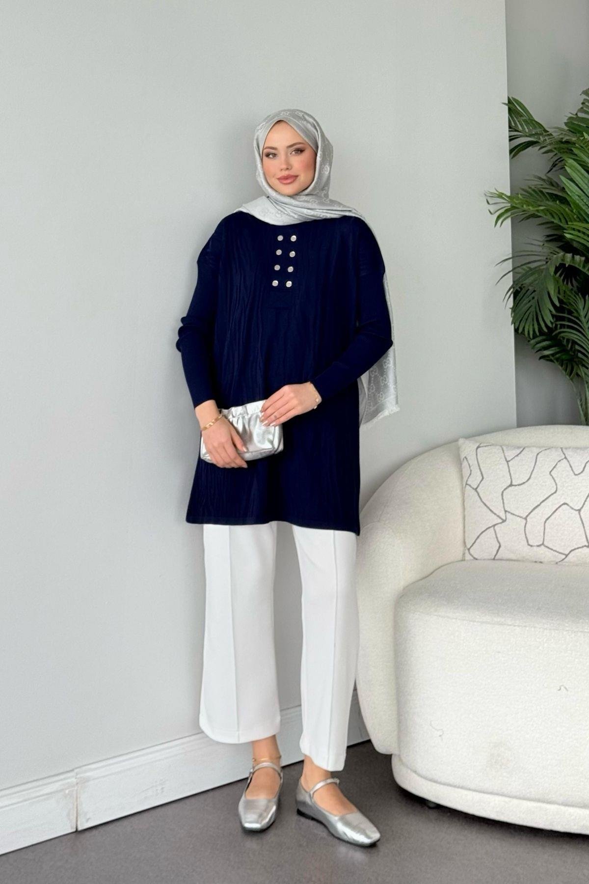 Zebra Desen Merserize Tunik Lacivert, Fiyatları Zebra Desen Merserize Tunik Lacivert- Haza Moda 